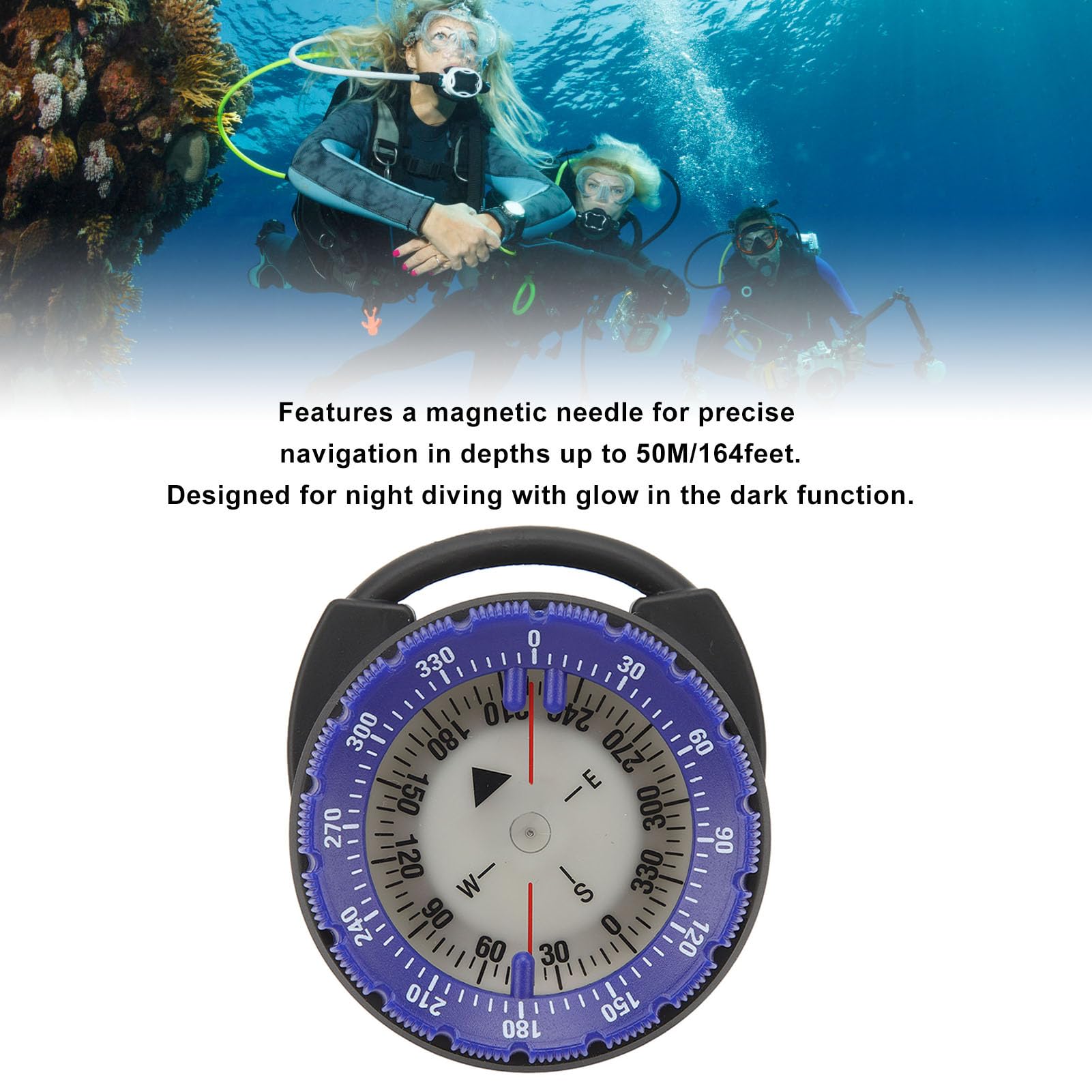 Brújula subacuática, Luminosa Impermeable Pulgar, 50M Profundidad de navegación con ventana lateral Conexión segura Abrazadera para Buceo, Senderismo, Supervivencia