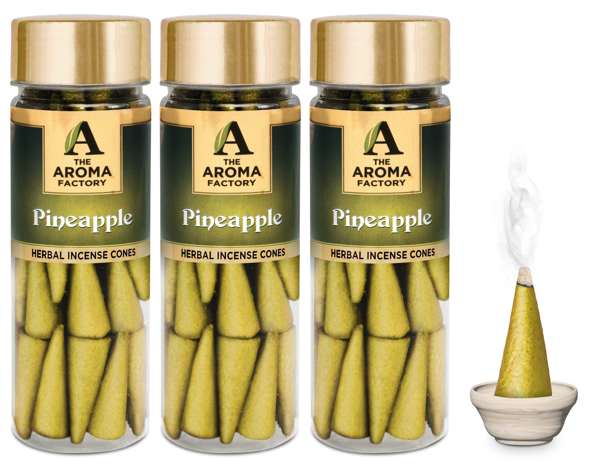 The Aroma Factory Pineapple Incense Cones – Pack of 3 Bottles with 30 Cones Each, 100% Natural & Pure Herbs, Non-Toxic, Zero Charcoal, No Black Smoke, Infused with Essential Oils for Home & Meditation