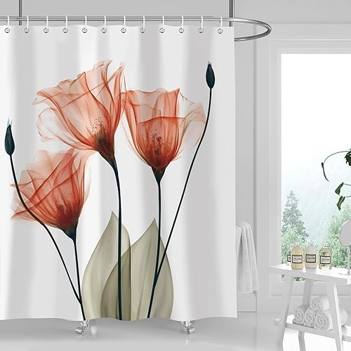 Cortina de ducha floral naranja con tulipanes de acuarela para baño, cortina de baño de tela de poliéster impermeable, 72 x 72 pulgadas con 12