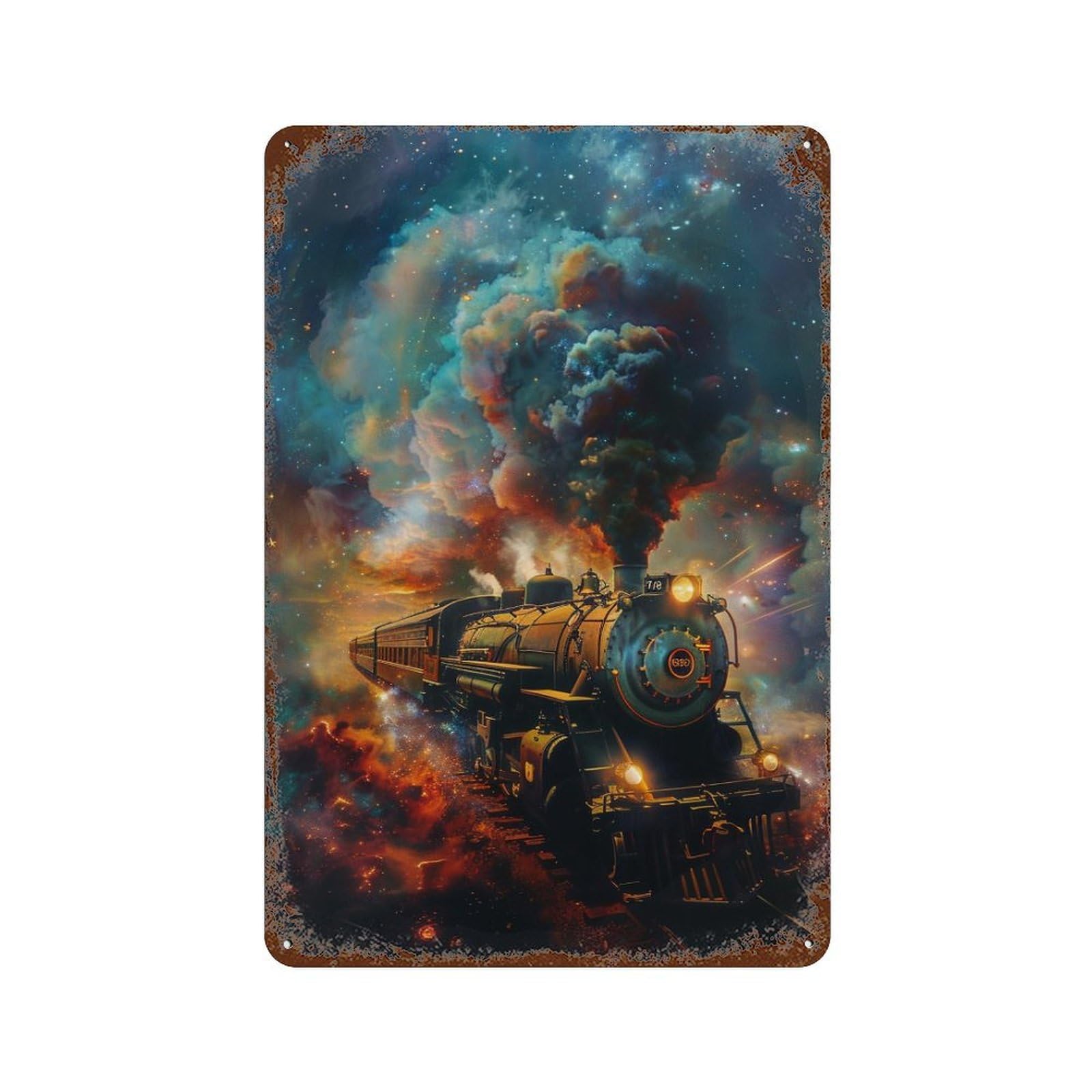 Galactic Steam Train Journey Distressed Metal Wall Sign 11.8"x7.9", Rustic Home Decor for Living Room, Hallway And Home Decor