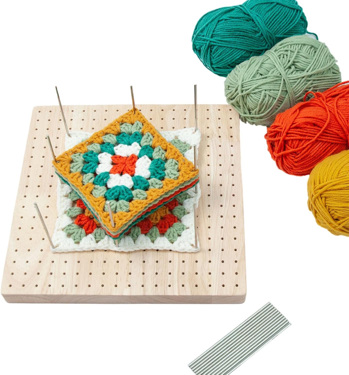 Rubber Wooden Crochet Blocking Board with Steel Pins Stand Handcrafted Knitting Blocking Mat for DIY Crochet Projects 9.3x9.3in