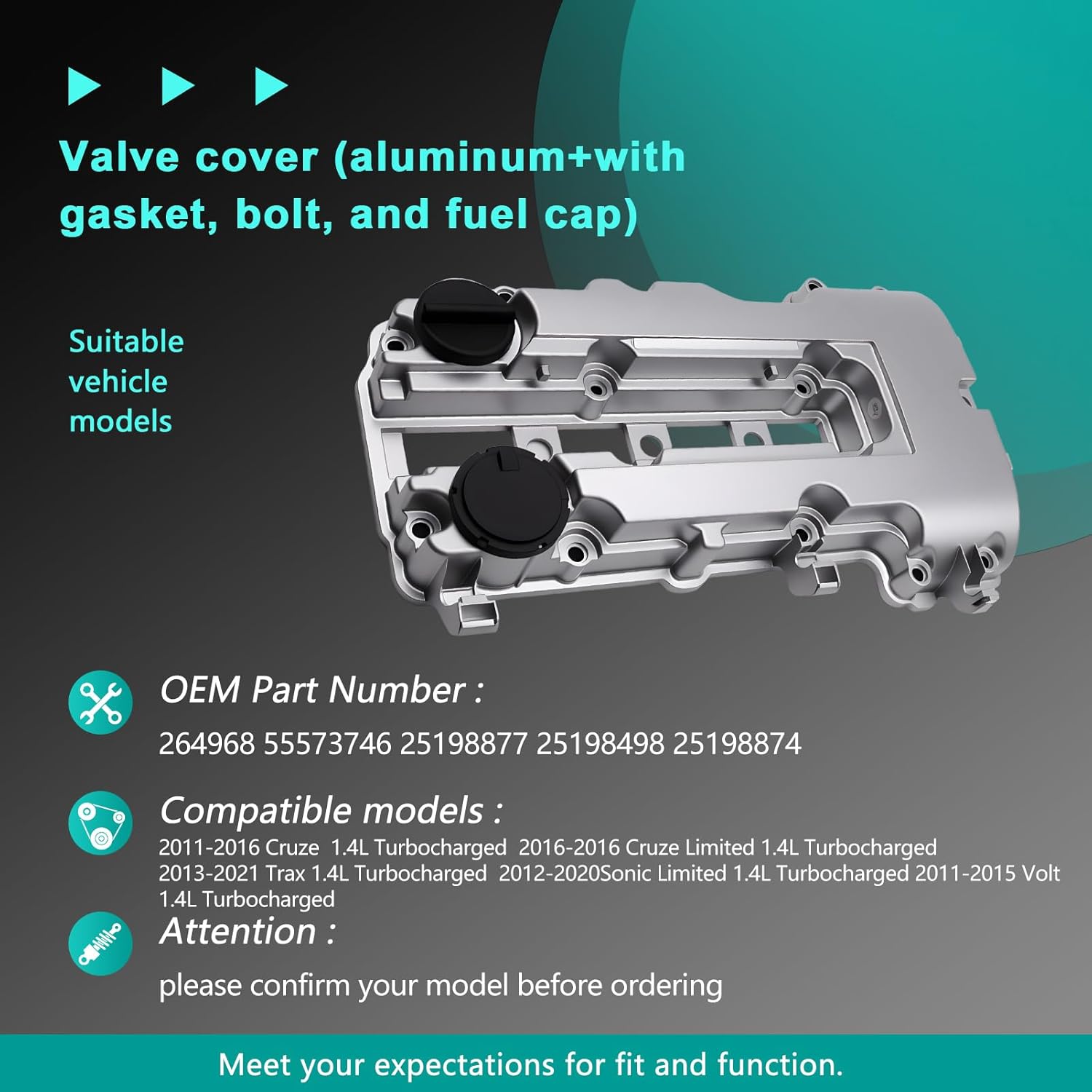 Upgraded Aluminum Engine Valve Cover W/Gasket Bolts and Oil Filler Cap for 1.4L 2011-2016 Cruze, 2013-2021 Encore, Trax, 2012-2020 Sonic, 2013-2015 Tracker, 11-15 Volt, 14-16 ELR OE#264968, 55573746