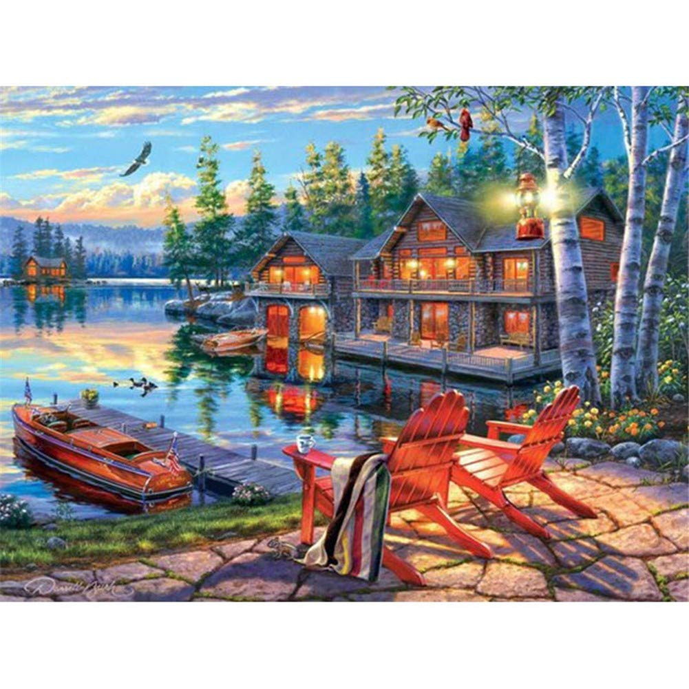 Broderie diamant 5D bord du lac grand format pour salon chaleureux