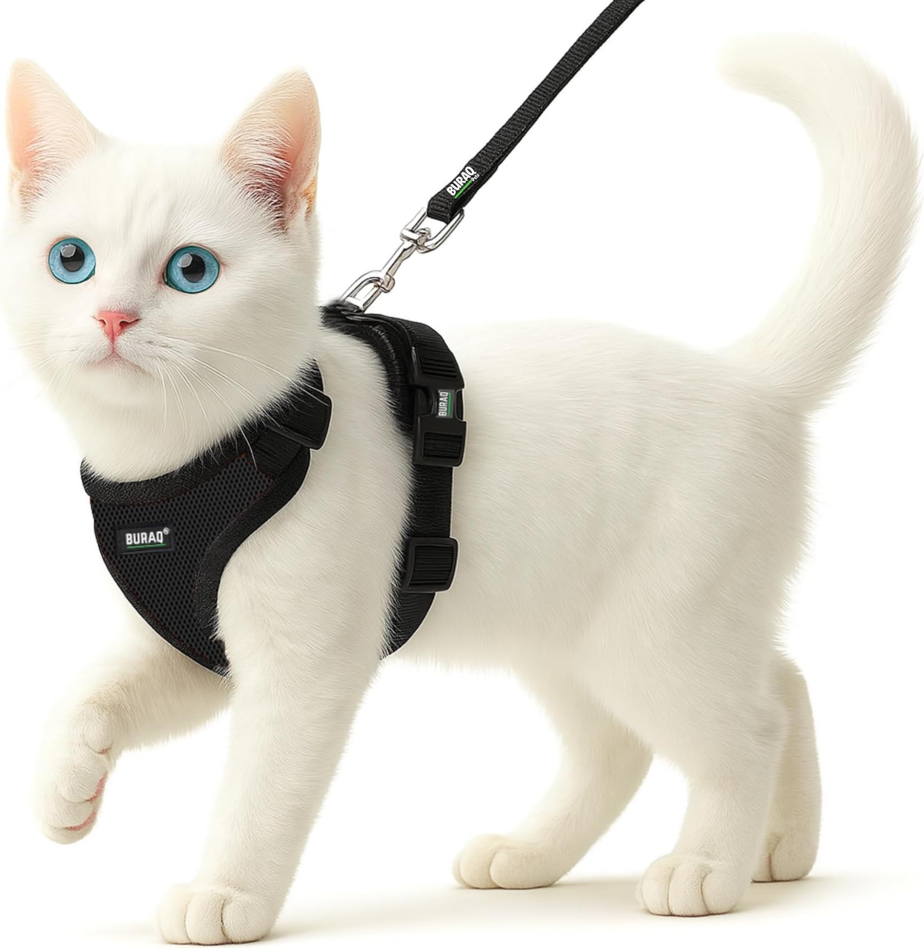 - Buraq No Pull Cat Harness with Leash, Escape Proof, Ultra-Light Weight, Air Mesh Fabric, Aesthetic Design Adjustable Cat Leash with Harness (S - Black)