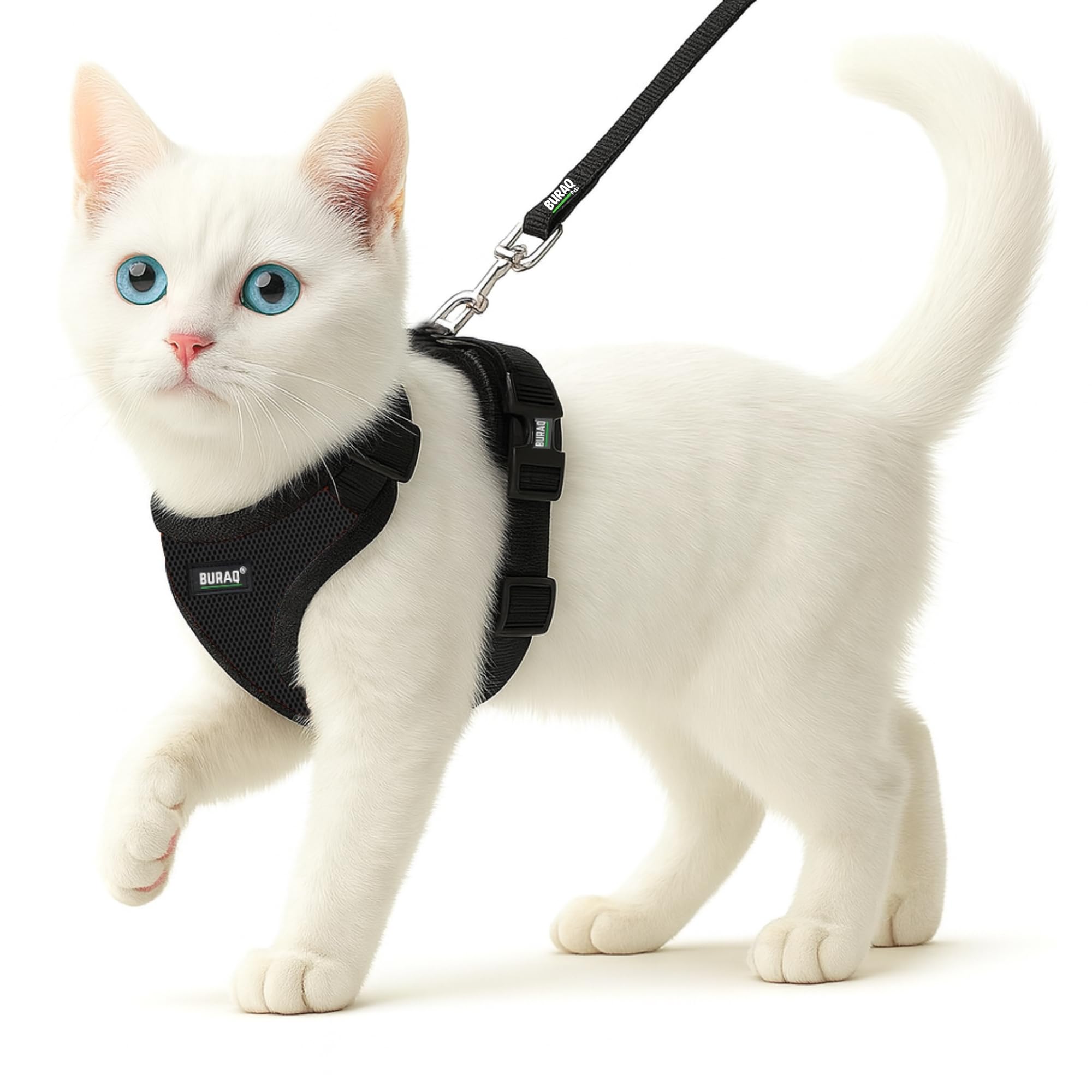 Buraq No Pull Cat Harness with Leash, Escape Proof, Ultra-Light Weight, Air Mesh Fabric, Aesthetic Design Adjustable Cat Leash with Harness (S - Black)