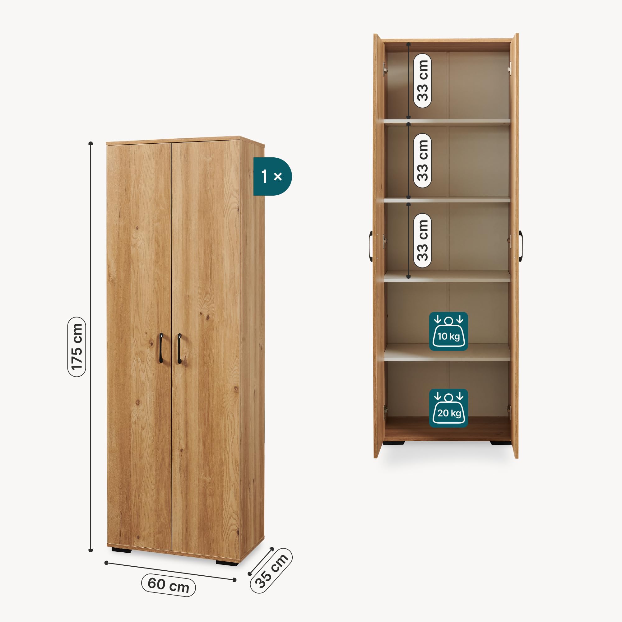 [en.casa] Mehrzweckschrank 60 cm breit Chalvefted Badezimmerschrank schmal 2 Türen Aufbewahrungsschrank Hochschrank Küchenschrank Vorratsschrank Flur Haushaltsschrank 175 x 60 x 35 cm Eicheoptik
