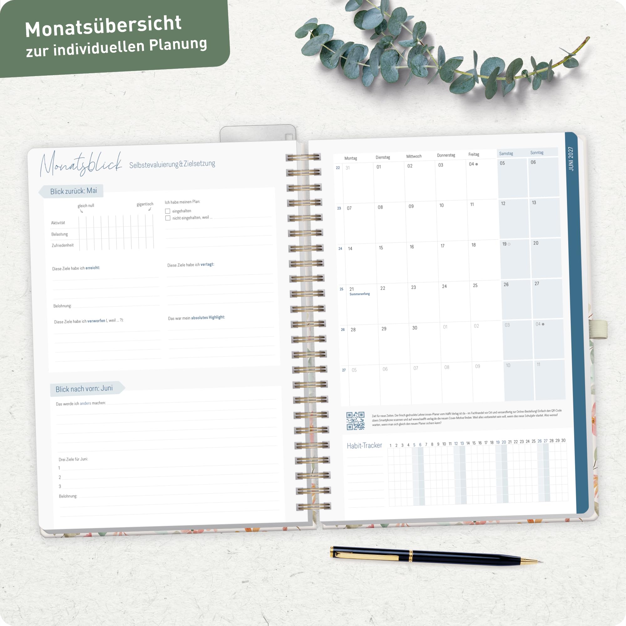 Häfft® Lehrerplaner 2026/2027 A4+ Deluxe – Großer Lehrerkalender & Schulplaner 26/27 mit Hardcover & Spiralbindung "Wild Blossoms" – Für Grundschule, weiterführende Schulen & Referendariat