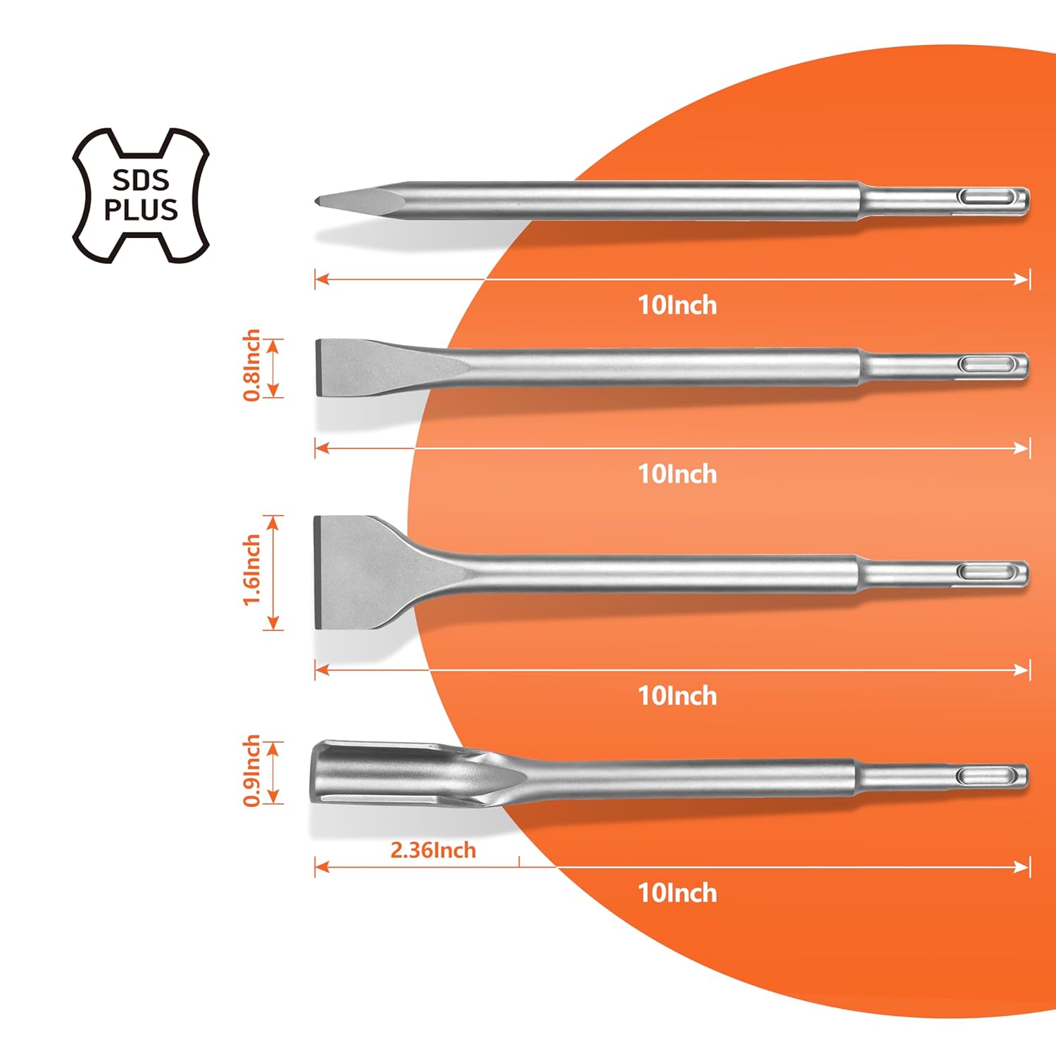 TovxTuke SDS Plus Chisel Set, 4 Piece Steel Tool Set for Tile, Flat, Pointed and Channal Chisel, Suitable for Masonry, Bricks, Walls, Granite, Concrete