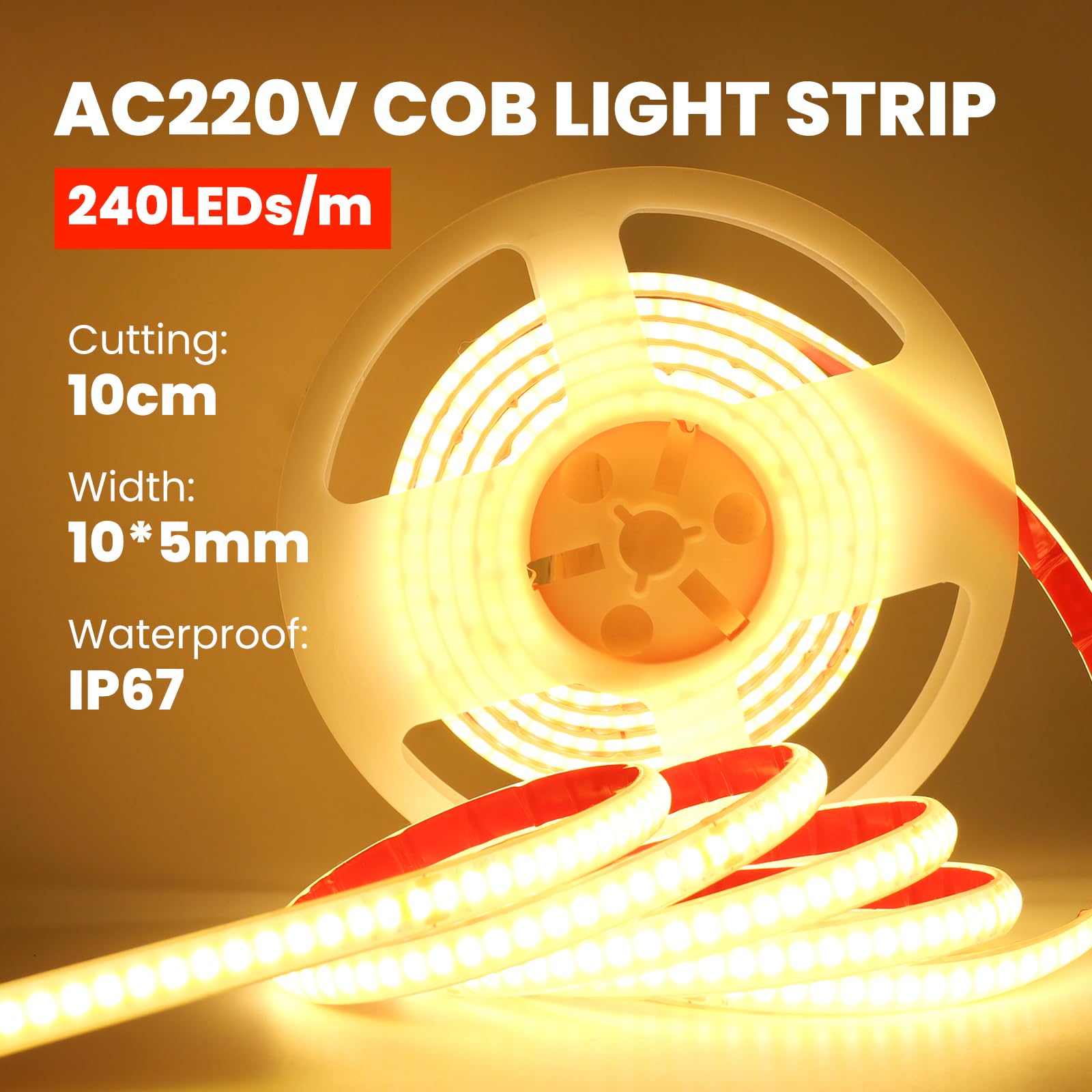 Anschluss an AC220-240V COB Stripe, IP67 Wasserdichtes COB Band Selbstklebeband mit Stecker, Schnitt alle 10cm, 240LEDs/m Flexible Superhell CRI≥85 LED Streifen für Weihnachten (Warmweiß，40m)