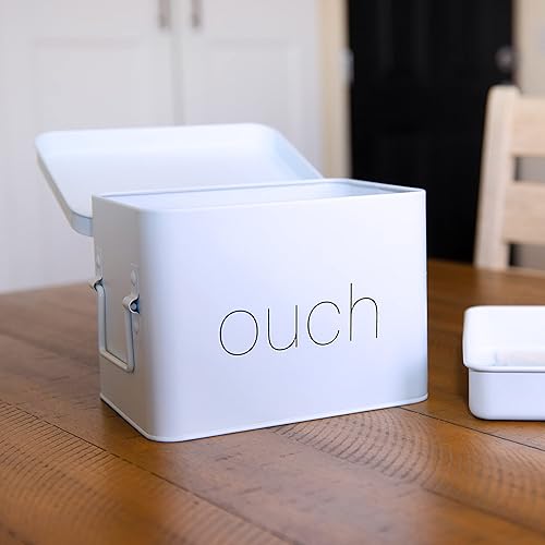 Miniatura 2 de AQ - "OUCH Caja de primeros auxilios de metal, blanco mate - Caja de almacenamiento médico y de primeros auxilios con compartimentos y asa lateral,