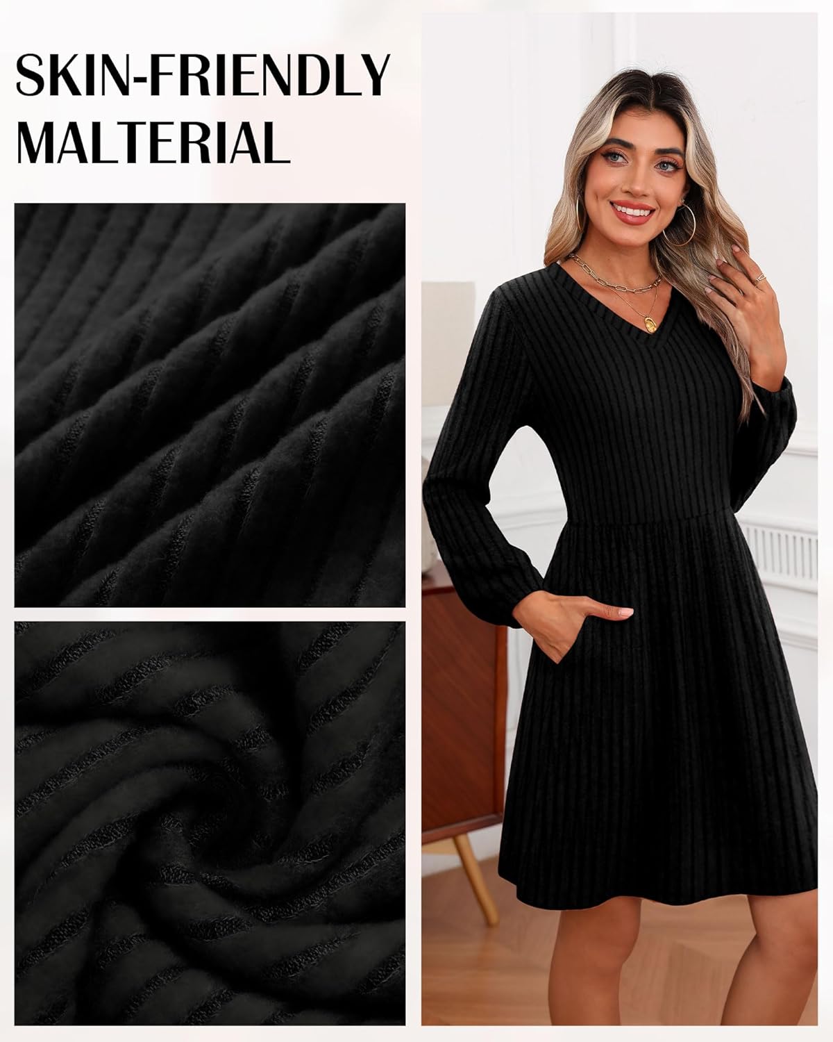 Riyiper Women's Dress with Pockets Winter Long Sleeve Sweater V Neck Ribbed Knit Casual Tunic Swing Dress - Image 4