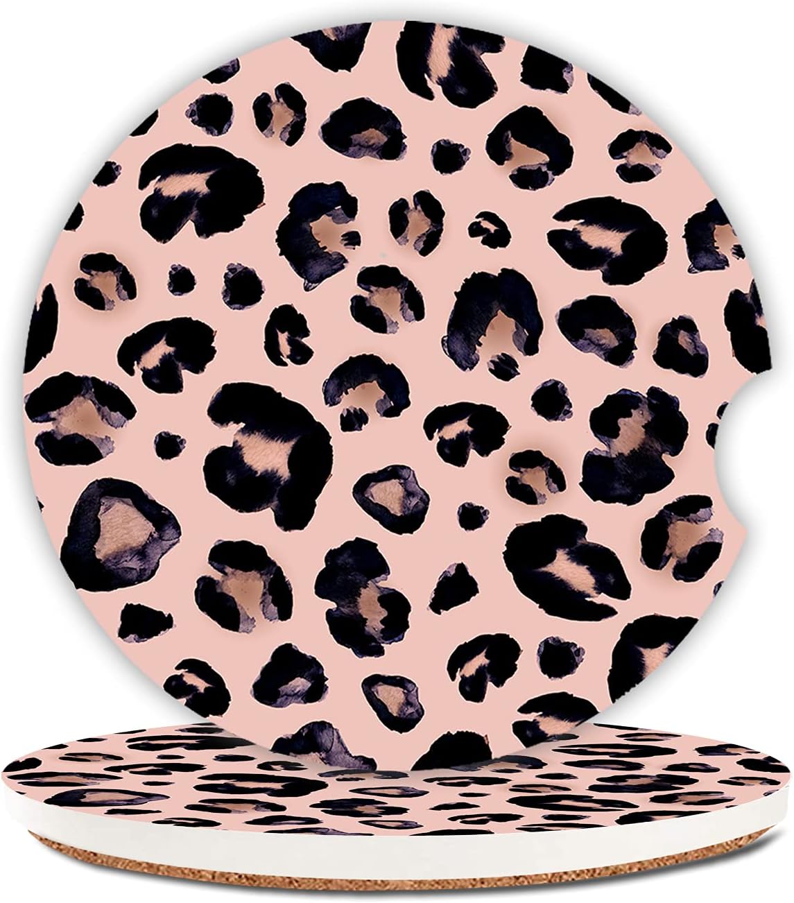 Pink Black Leopard Ceramic Cup Holders Car Coasters Set for Women/Men,Keep Cup Holders Clean and Dry,Drink Cup Car Holder Coasters with A Finger Notch 2.56" Pack of 2