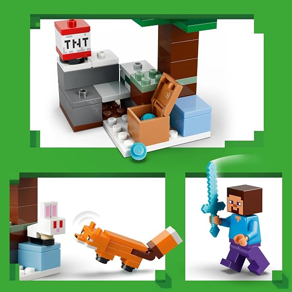 LEGO Minecraft Steve’in Tayga Macerası 21583-6 Yaş ve Üzeri Kız ve Erkek Çocuklar için Steve Minifigürü ile Creeper ve Tilki Figürleri İçeren Yaratıcı Oyuncak Yapım Seti, Hediye Fikri (79 Parça)