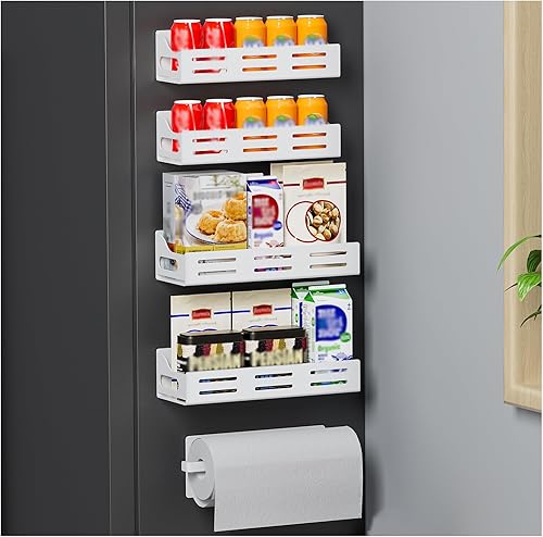 Carwiner Paquete de 5 estantes magnéticos para especias para refrigerador con soporte para toallas de papel, organizador magnético para
