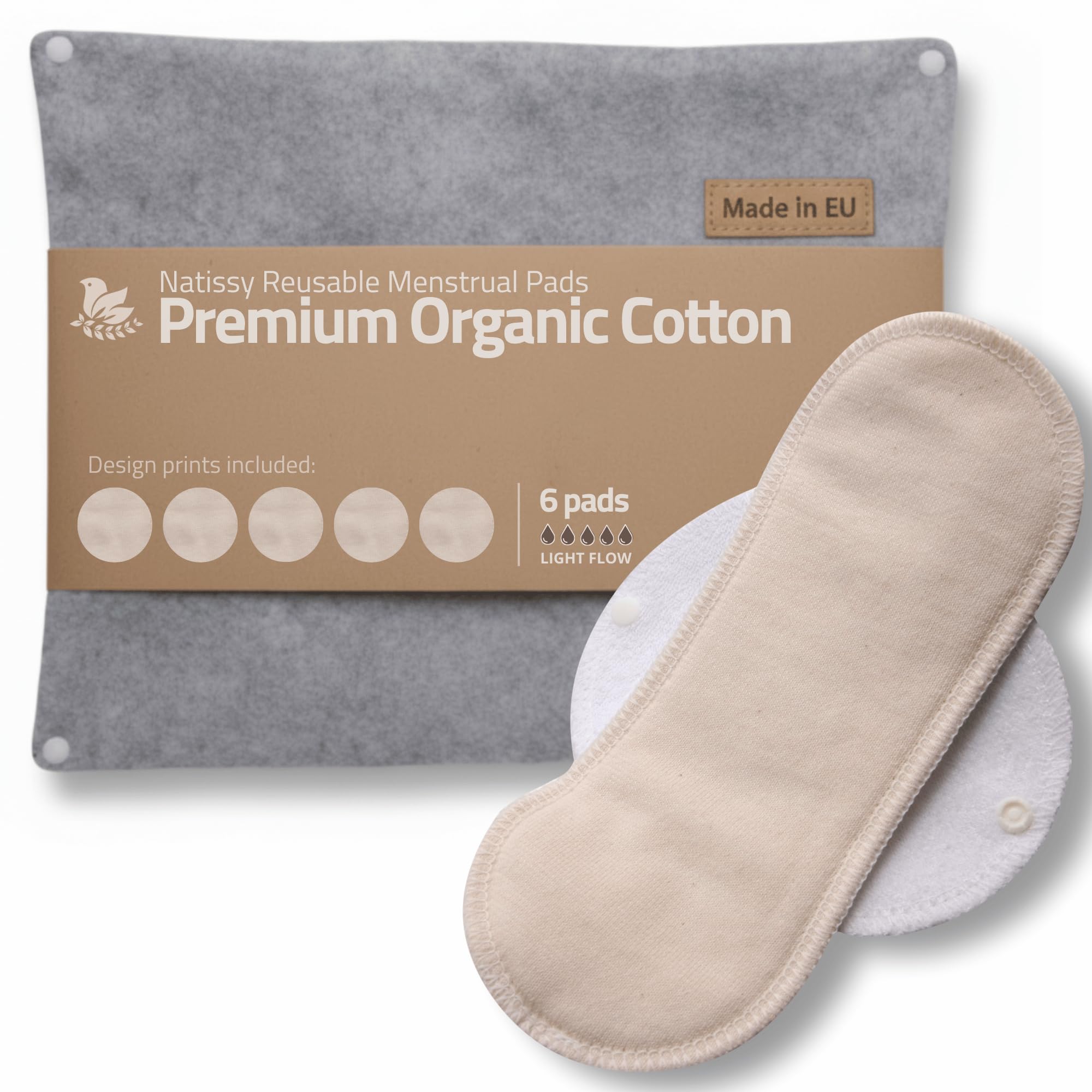 Natissy Assorbenti Lavabili in Cotone Biologico per Donna, Morbidi, Traspiranti, Non Irritanti e Riutilizzabili - Set 6 pz Taglie S+M - Made in EU