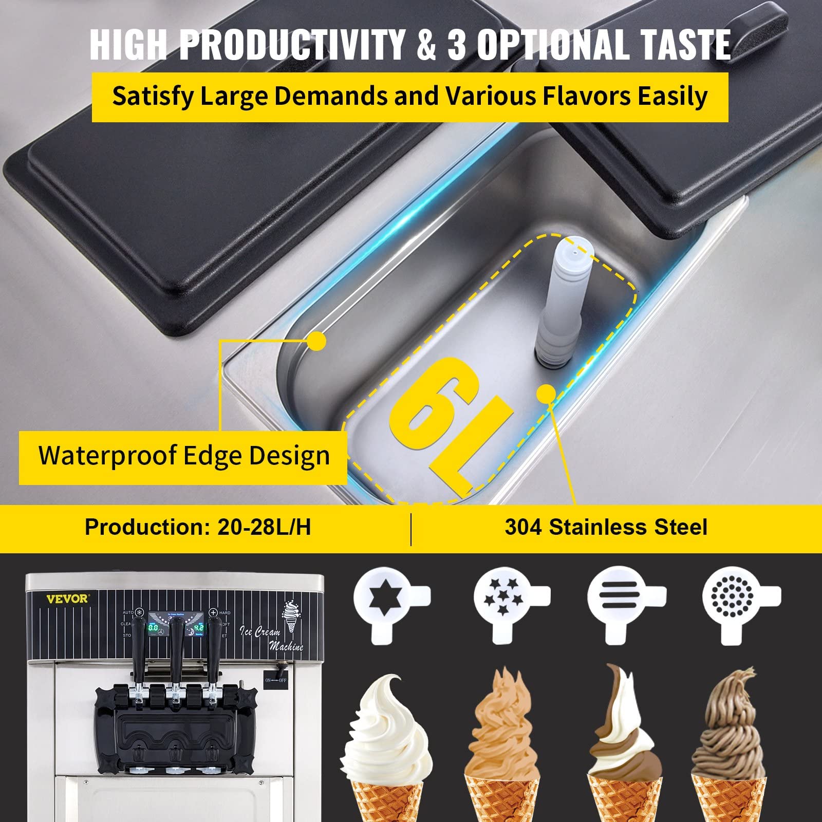 Machine à Crème Glace Molle Commerciale 2200W, 20-28L/5.3-7.4 Gal, Machine à Crème Glacée avec Écran LED, 2 cylindre&3 Saveurs, pour Glacier Camion-Restaurant (8228HP)