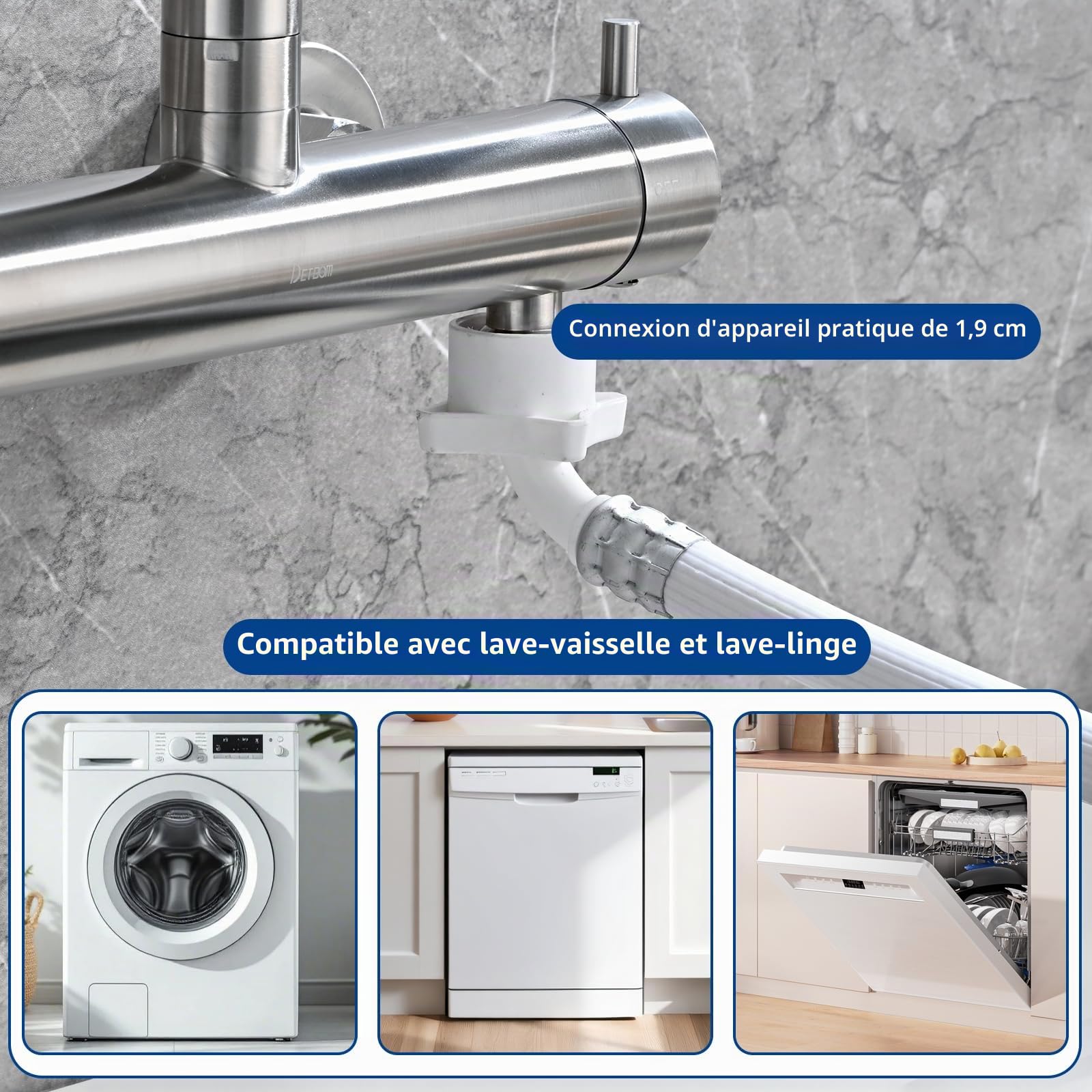 Robinet Cuisine Mural avec Interface 3/4 pour Lave-vaisselle, Argent | 3 Jets d'eau Mitigeur Evier Cuisine, Rotation à 360°, Mitigeur Cuisine Flexible (Hauteur totale 385mm)