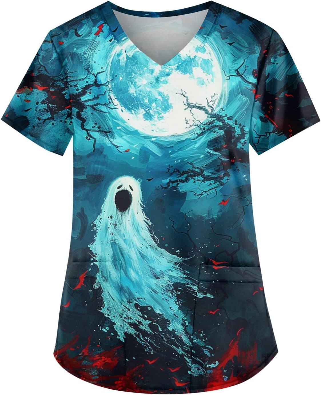 Women's Halloween Short Sleeve V-Neck Tops, Cute Graphic Shirts with Pockets, S-5XL