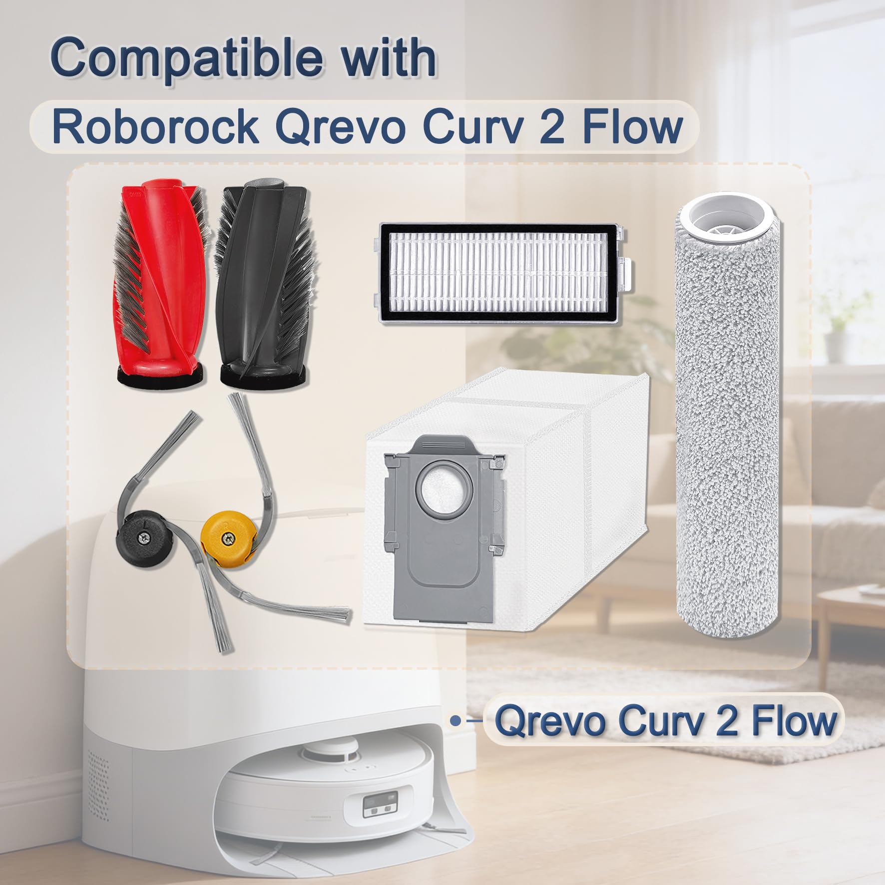 Kit di accessori di ricambio, compatibile con Roborock Qrevo Curv 2 Flow, accessori per robot aspirapolvere: 2 spazzole principali, 8 spazzole laterali, 6 filtri HEPA, 4 mocio a rullo e 8 sacchetti