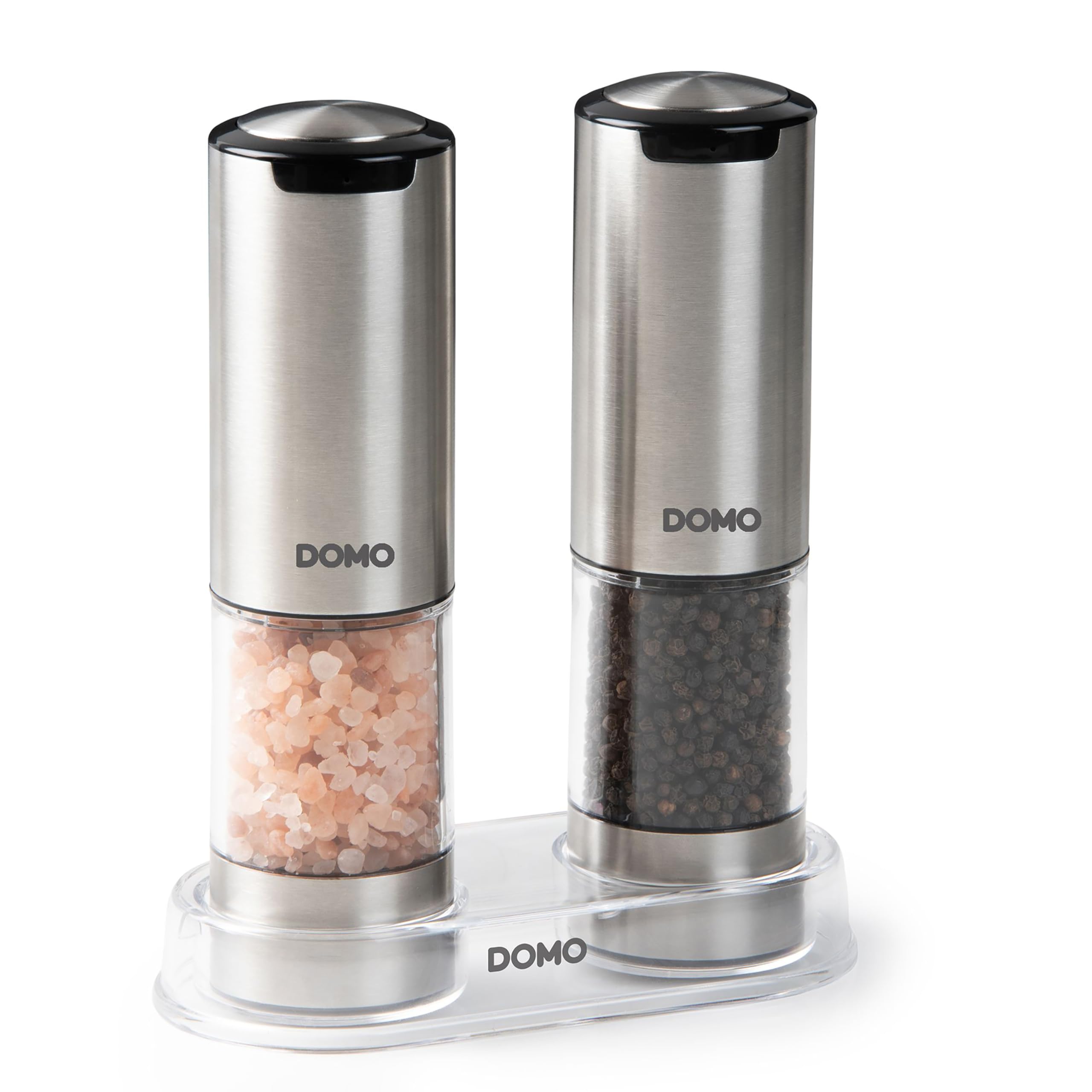 DOMO DO3102 Set Moulins à Sel et Poivre automatiques avec USB-C rechargeable - 2 Moulins - Acier brossé Inox - Eclairage LED - Grand réservoir transparent de 95 ml