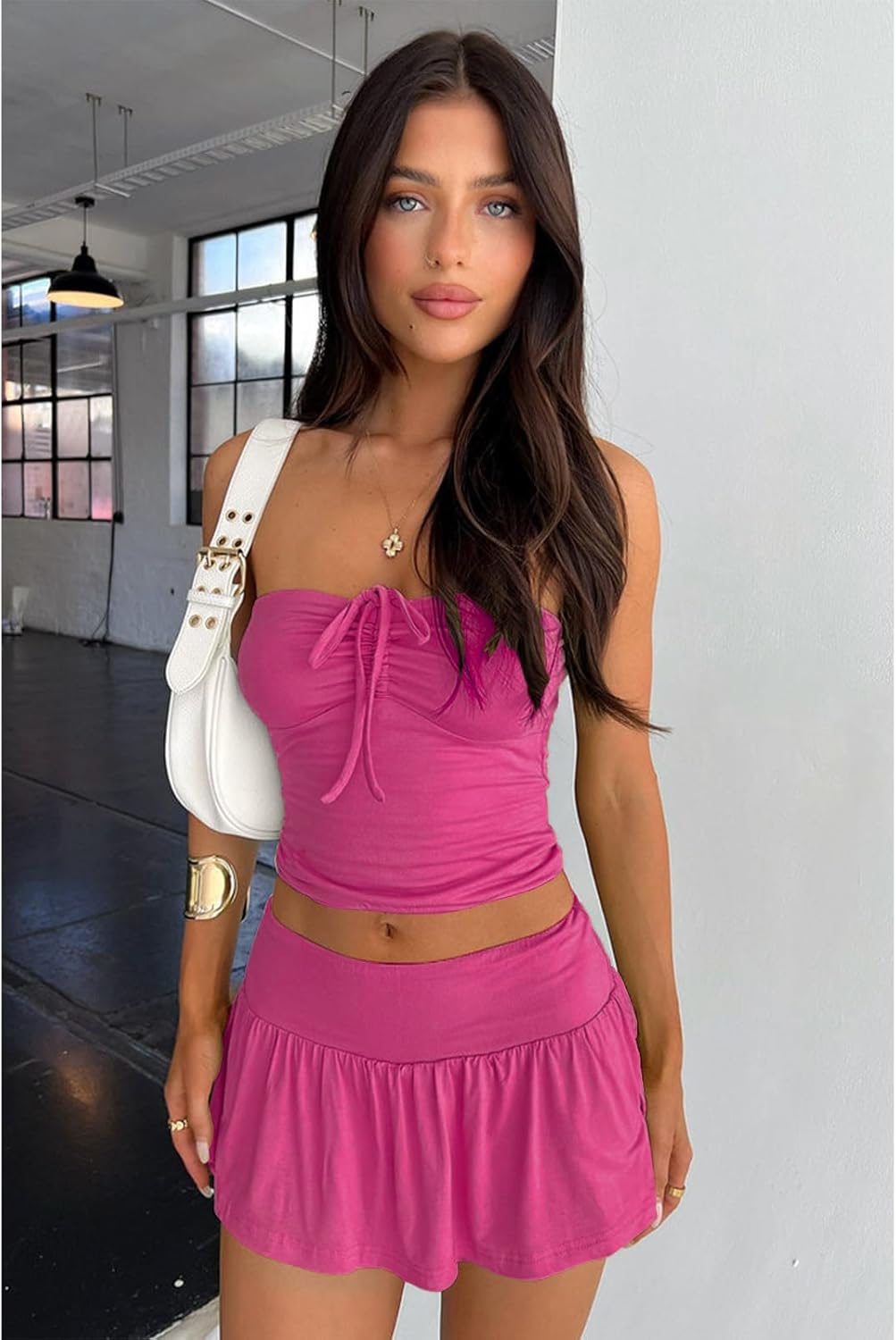 2 Piece Skirt Outfits for Women Y2k Summer Bandeau Going Out Crop Tops and Low Wasit Mini Skorts Sets - Image 6