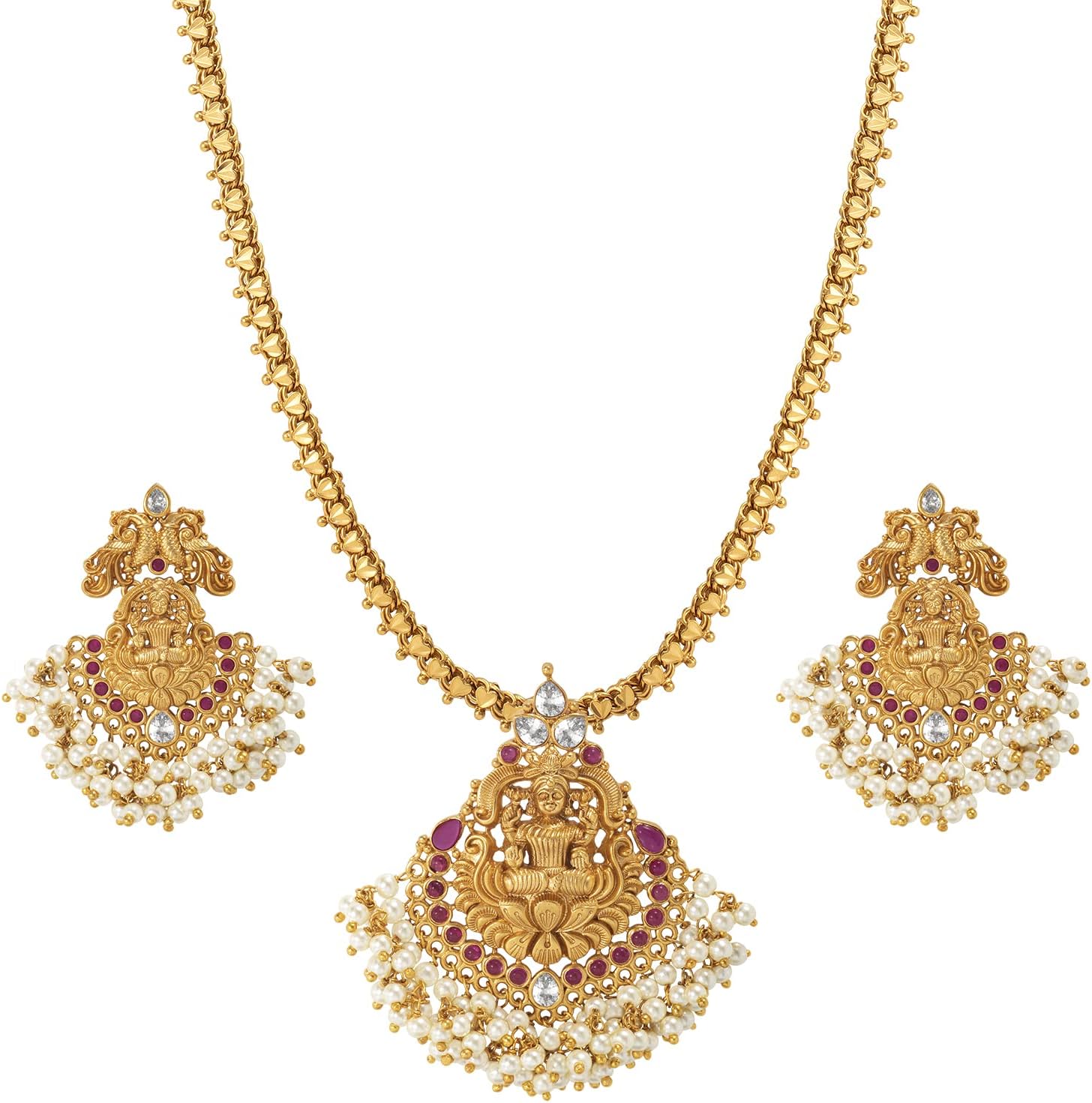Aheli Indian Traditional Bollywood CZ Necklace with Chandbali Pendant Earrings Jewelry Set for Women (Long Set – Laxmi)