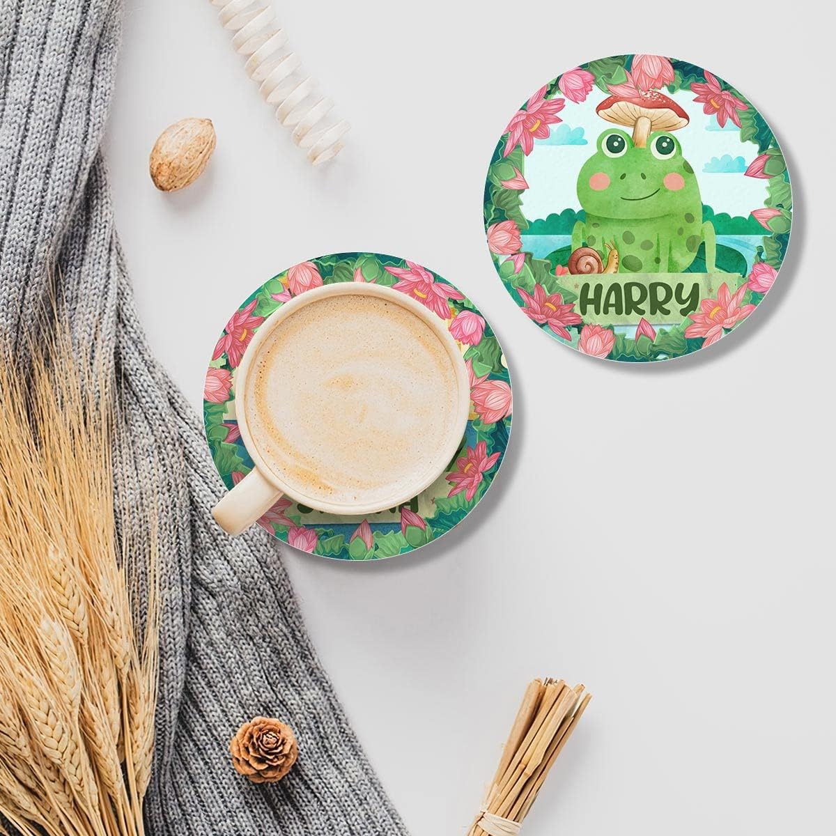 Personalized Frog Coaster Ceramic Pack 6 Coasters Housewarming Gifts for New Home Decor Women Adult Cork Base Coffee Table Car Cup Holders Drinks Absorbent Kitchen Accessories