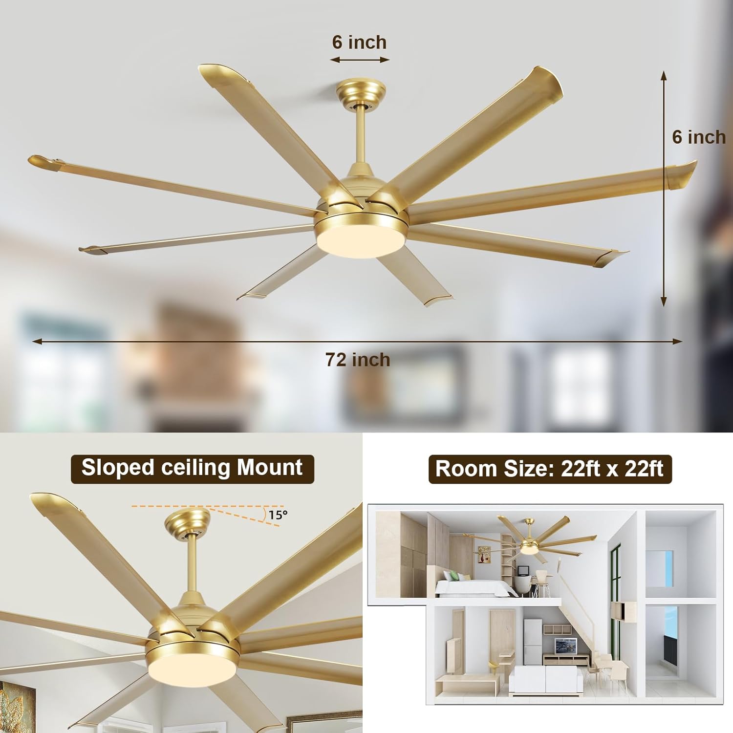72Inch Gold Ceiling Fans with Lights and Remote Control LED 3CCT Dimmable Ceiling Fan BLDC Reversible 8 Blade Aluminum Ceiling Fans for Patio