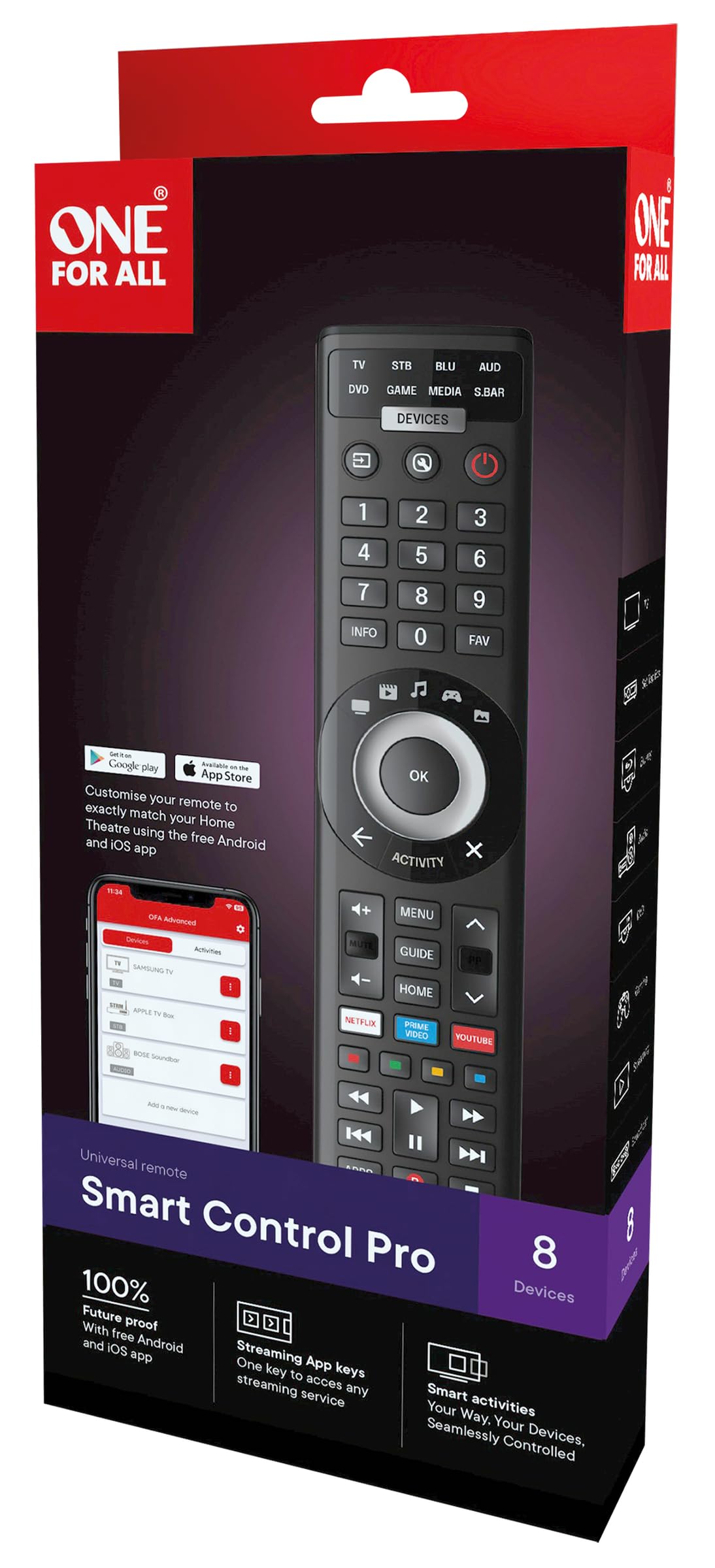 One For All Smart Control Pro 8 Universalfernbedienung – Kompatibel mit TV, Set-Top-Box, Blu-ray, Audio- und Streaming-Geräten (Modell URC7981)