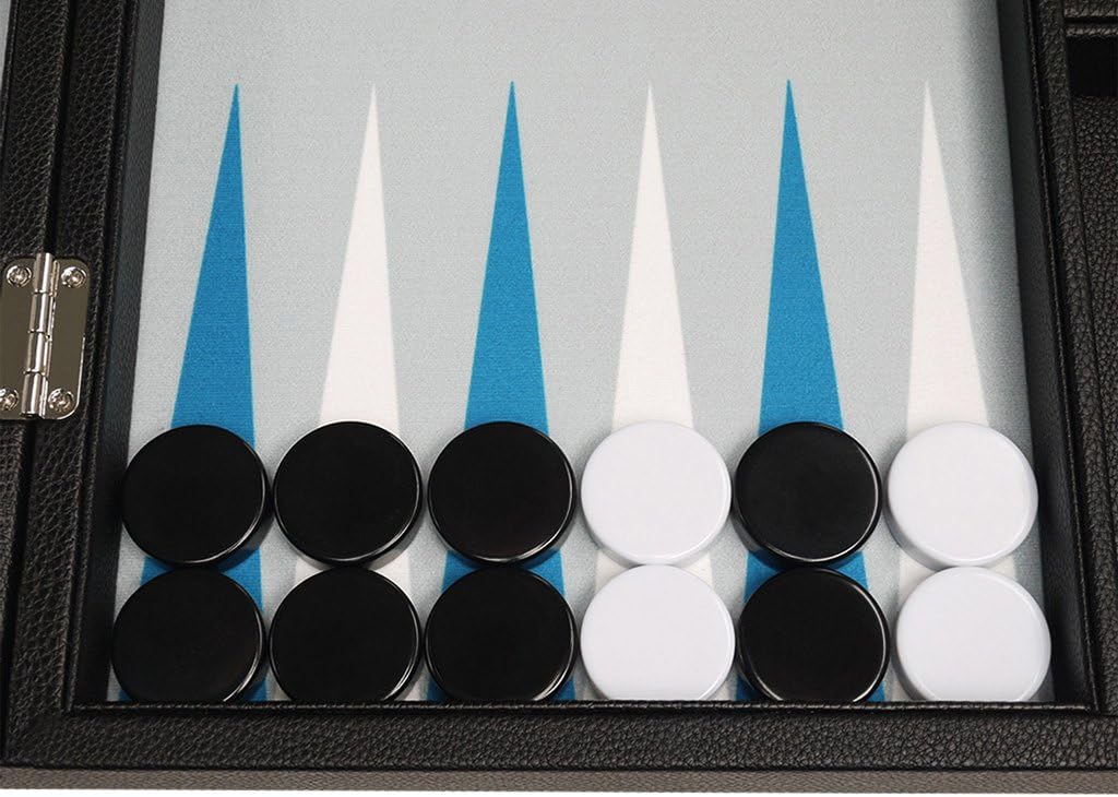 16-inch Premium Backgammon Set - Medium Size - Black Board, White and Astral Blue Points