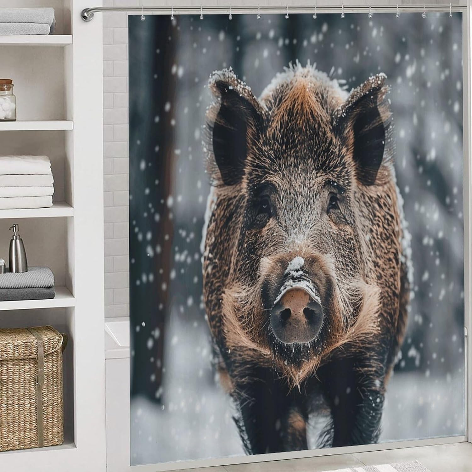 Wild Boar Shower Curtain Set 4 Piece, Non-Slip Bath Mat with Toilet Lid Cover and Waterproof Shower Curtain with 12 Hooks, Complete Bathroom Set for Home Decor