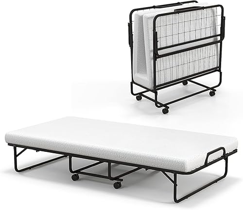 HAPPYGRILL Cama plegable con colchón de 4 pulgadas, cama plegable de tamaño individual con marco de acero resistente, fácil almacenamiento, 4 ruedas