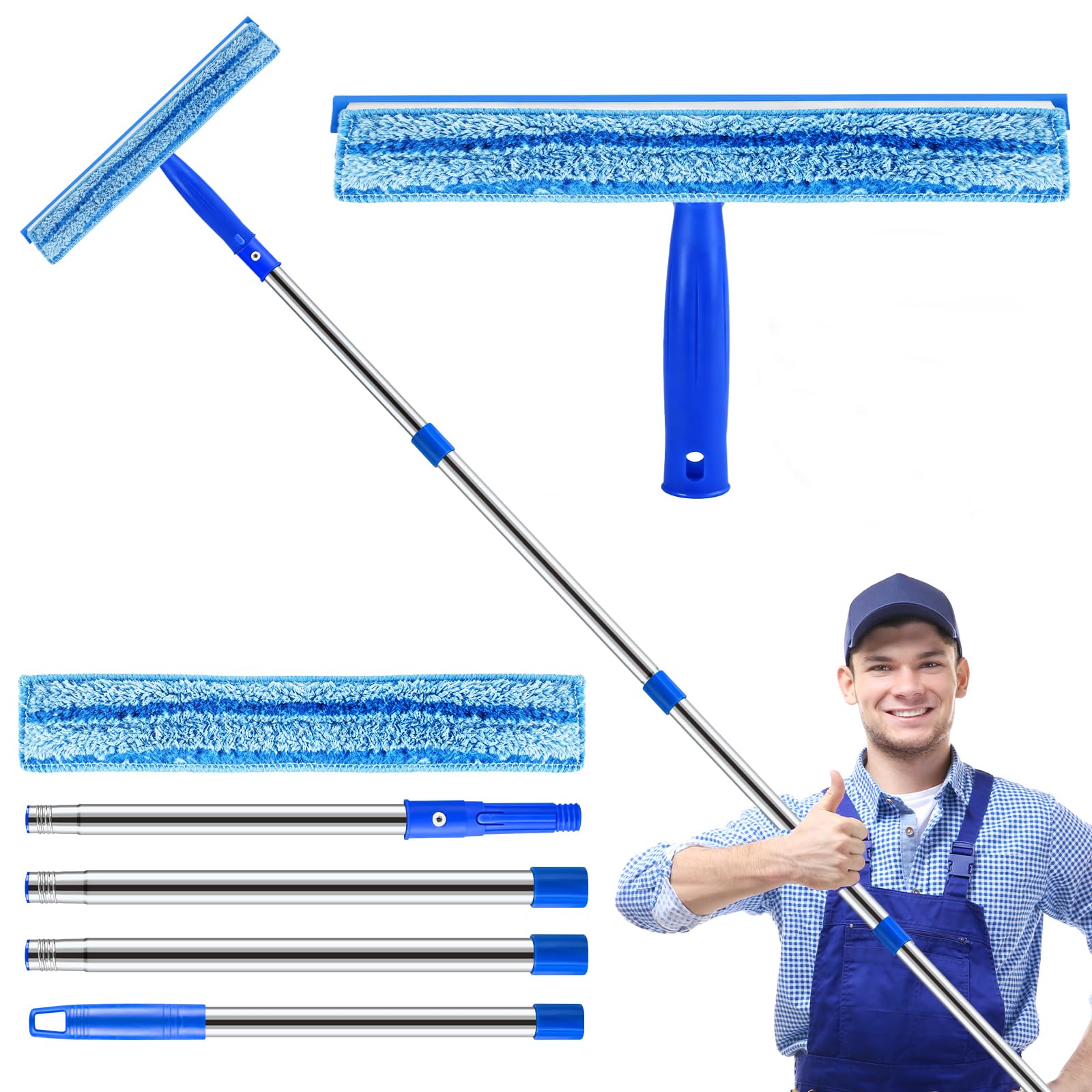 156CM(61.4IN) Window Cleaning Equipment, 2 IN 1 Window Cleaner Kit with Extension Pole, Window Squeegee & Microfiber Scrubber Washing Kit for High Windows, Shower Glass, Car, RV