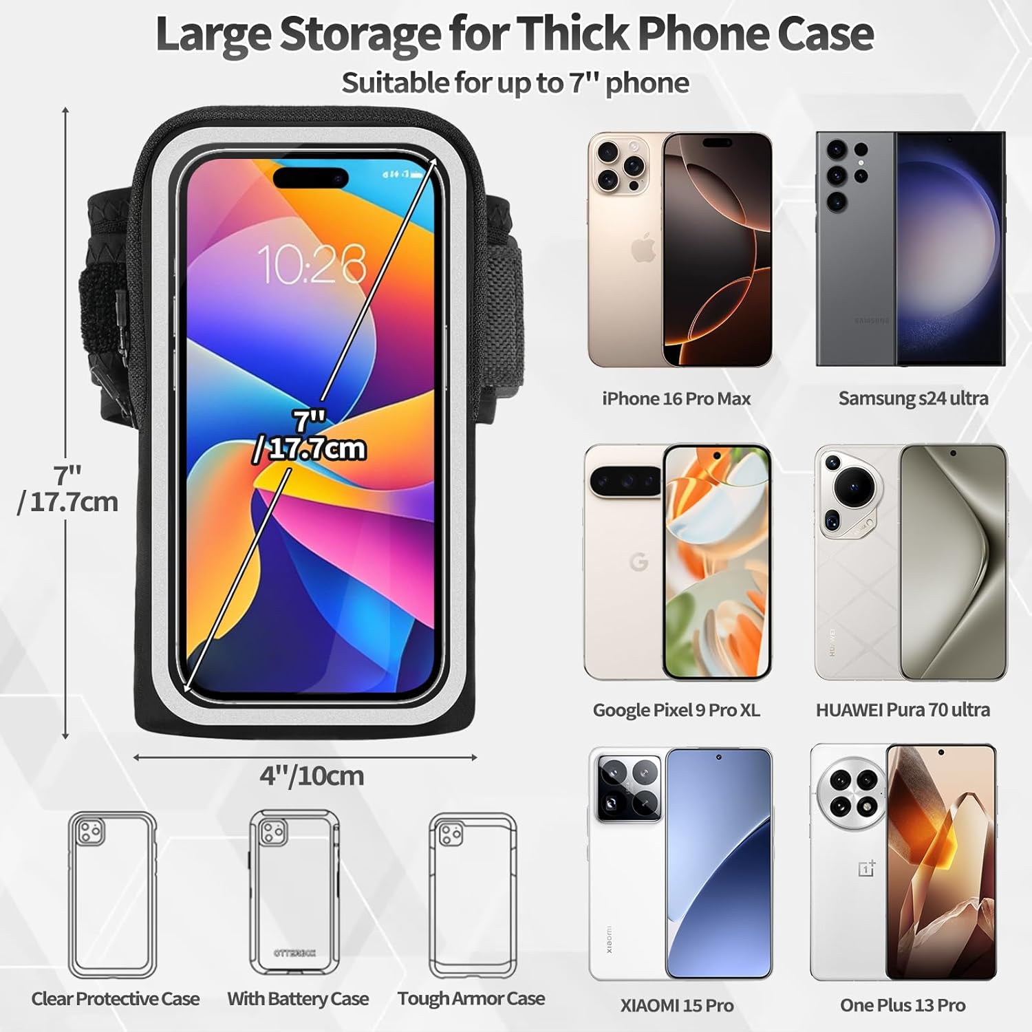 Wristband Phone Holder for Running, Forearm Armbands, Running Armband with Card Slot for iPhone Pro Max Plus (16/15/14/13/12/11/X/XR), for Galaxy S24/S10, Cell Phone Holder Up to 7.0'' Phone - Image 4