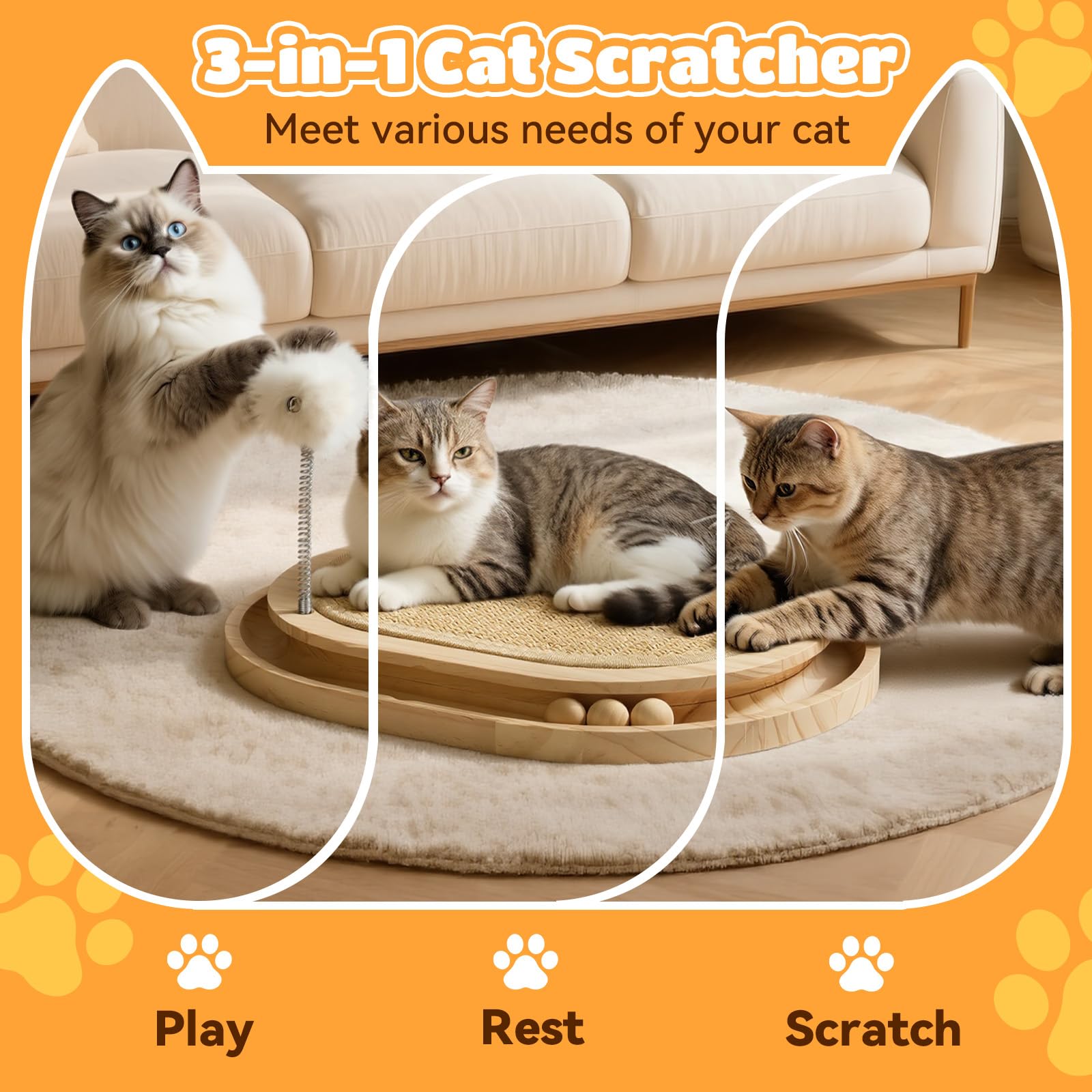 Tiragraffi per Gatti in Sisal Giocattolo Interattivo per Gattini | Tappetino con Pista a Sfere e 3 Giochi in Peluche, Caccia e Allenamento, Tiragraffi Rotondo in Legno da Interno