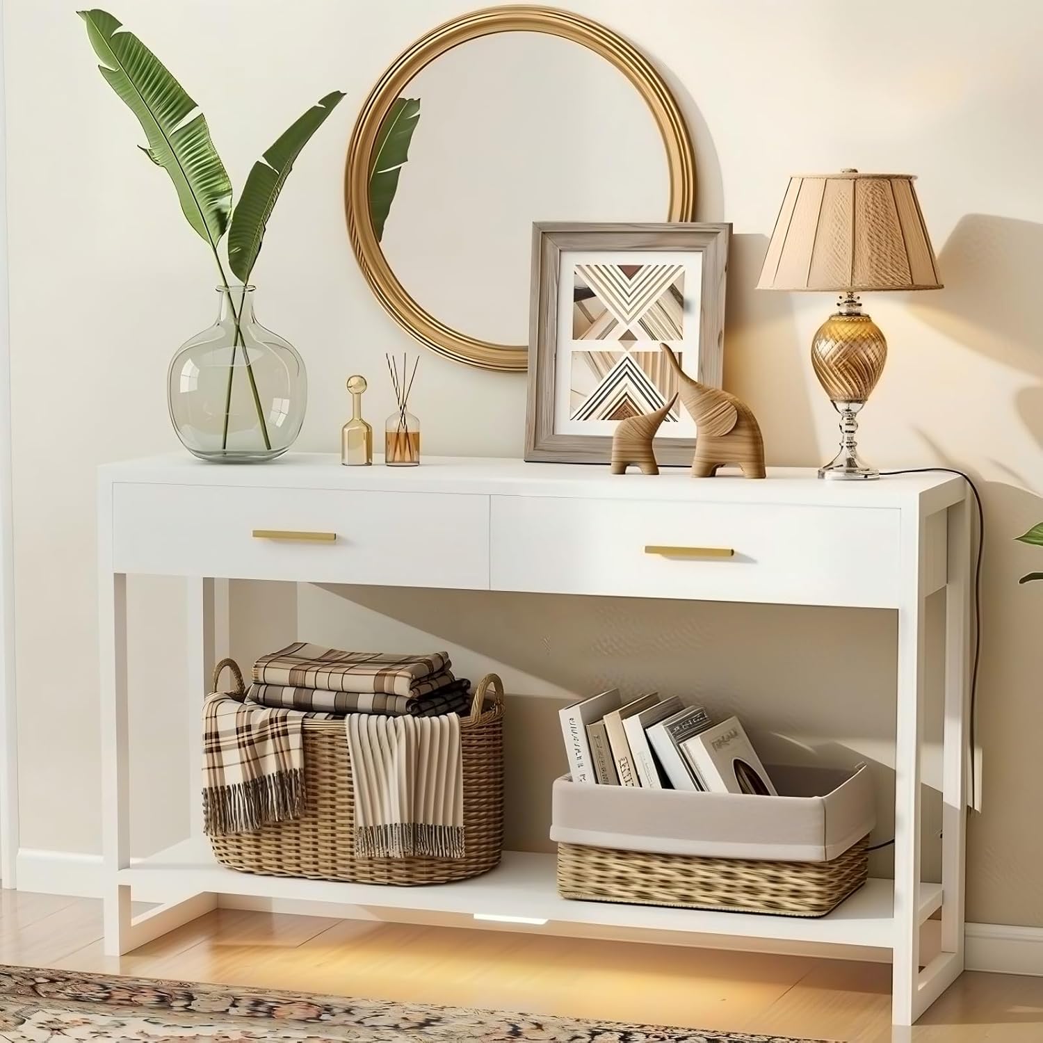 Slim Entryway Console Table with Foot-Sensor Light - 2 Deep Drawers & Open Center Shelf, Reinforced Legs & Comfortable Metal Handles, Multi-Scene Use for Hallway/Living Room/Small Apartment