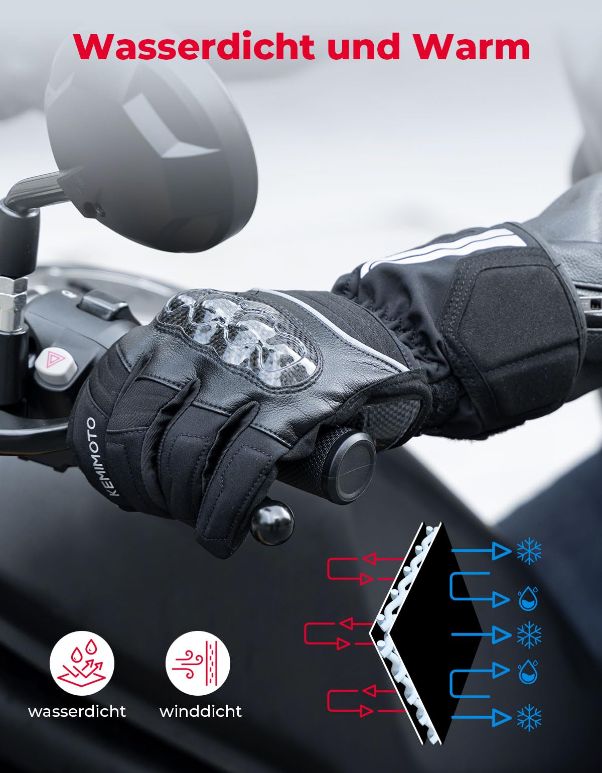 KEMIMOTO Winter Motorradhandschuhe, wasserdichte und Winddichte Motorradhandschuhe für 0°C~5°C, Verschleißfeste Handschuhe mit Kohlefaserschale,Touchsreen Winter Thermo Handschuhe für Skifahren