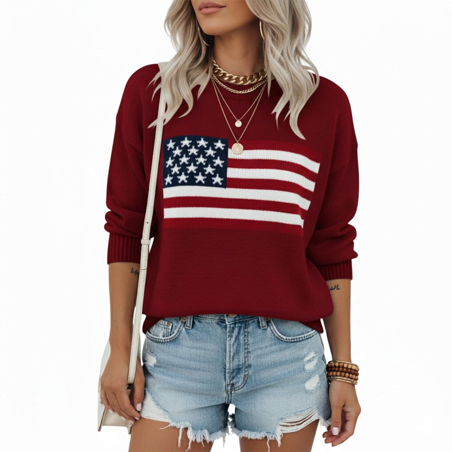 Noni Womens American Flag Pattern Long Sleeve Lightweight Round Neck Sweater Casual Loose Pullover Sweater