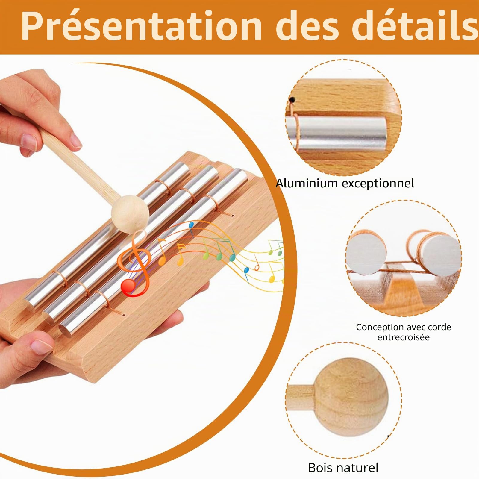 Baguette sonore énergétique, carillon Koshi, 3 tons, carillon en bois, instrument à percussion avec maillet en bois, instruments de percussion pour enseignants, éducation musicale, méditation