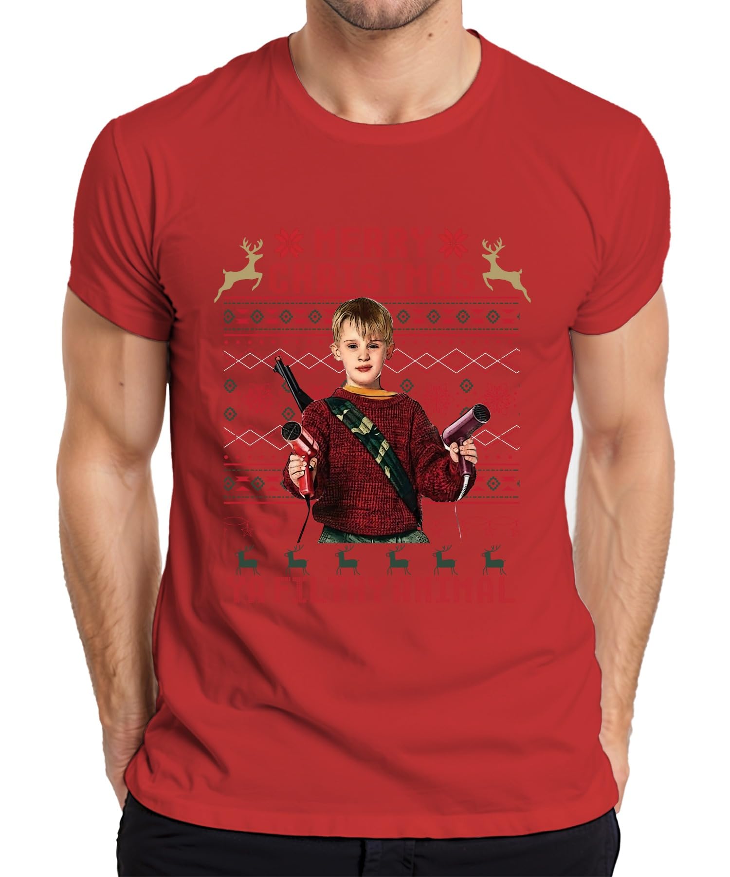 Printera Men's Red Merry Christmas Ya Filthy Animal Christmas Kevin Cult Humour T-Shirt, S