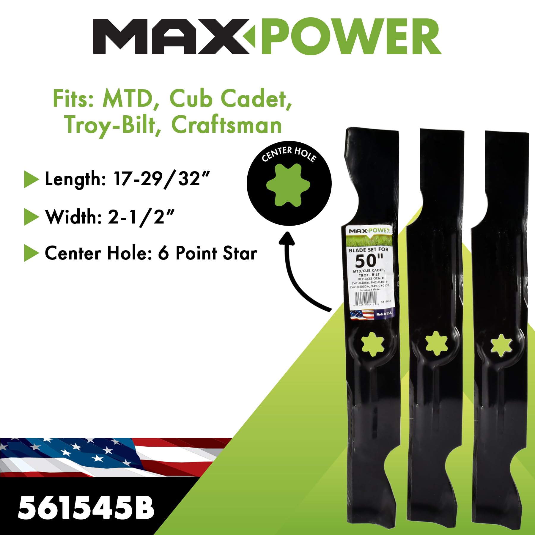 MAXPOWER 561545B - Juego de 3 Cuchillas para Muchos cortacésped MTD, Cub Cadet, Troy-Bilt, US, Negro (Black)