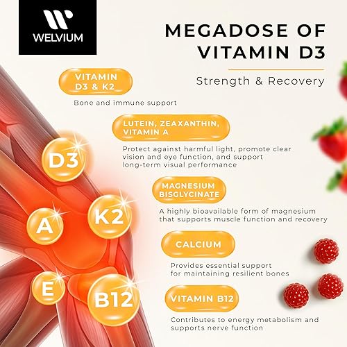 Miniatura 6 de Gomitas de vitamina D3 K2 de 10000 UI con glicinato de magnesio, calcio, B12, K2 MK-7, vitaminas A, E, luteína, zeaxantina, suplemento masticable