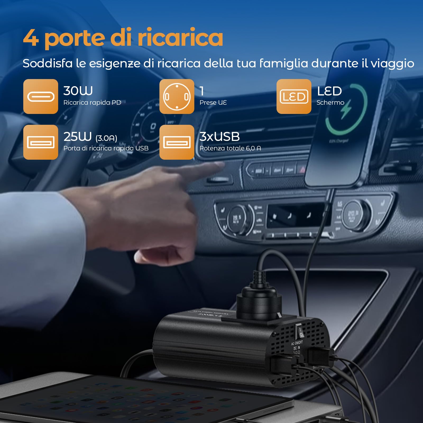 300W inverter 12v 220v, inverter auto con 1 presa, tipo C 30W, ricarica rapida USB 25W, 3 porte USB, display LED