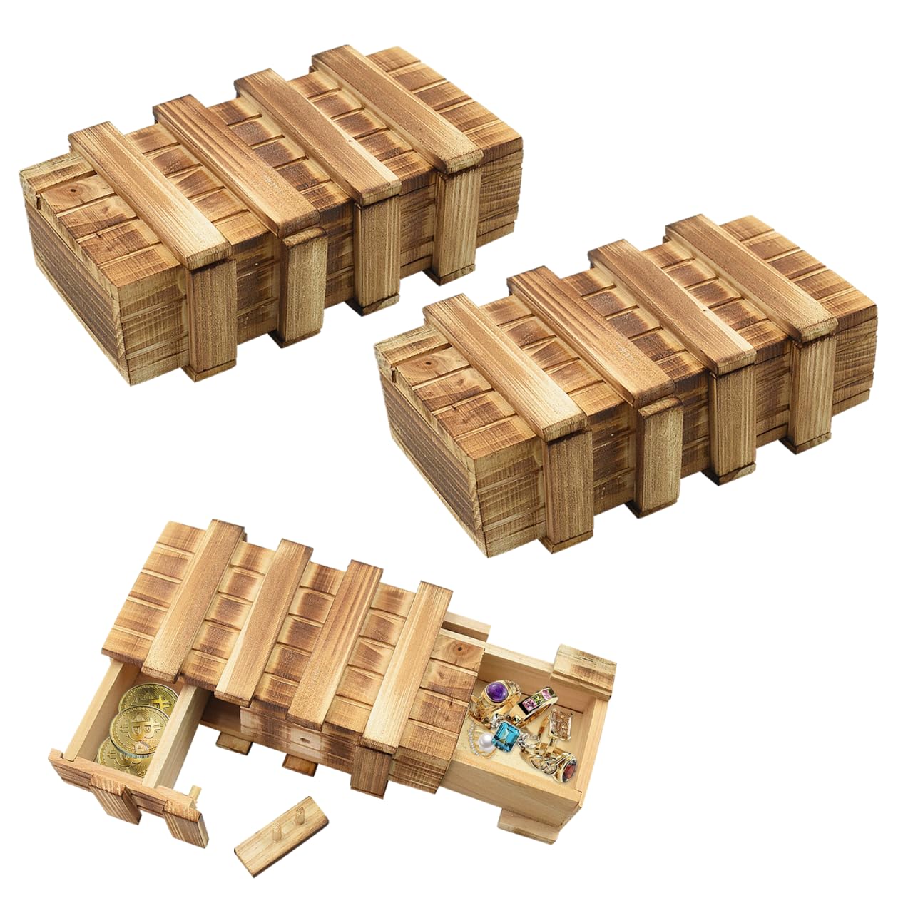 Confezione da 2 piccole scatole puzzle in legno con scomparti, compiti di pensiero per adulti, mini cassettiera per soldi, gioielli, giocattoli IQ per bambini, 15 cm x 8 cm x 5 cm