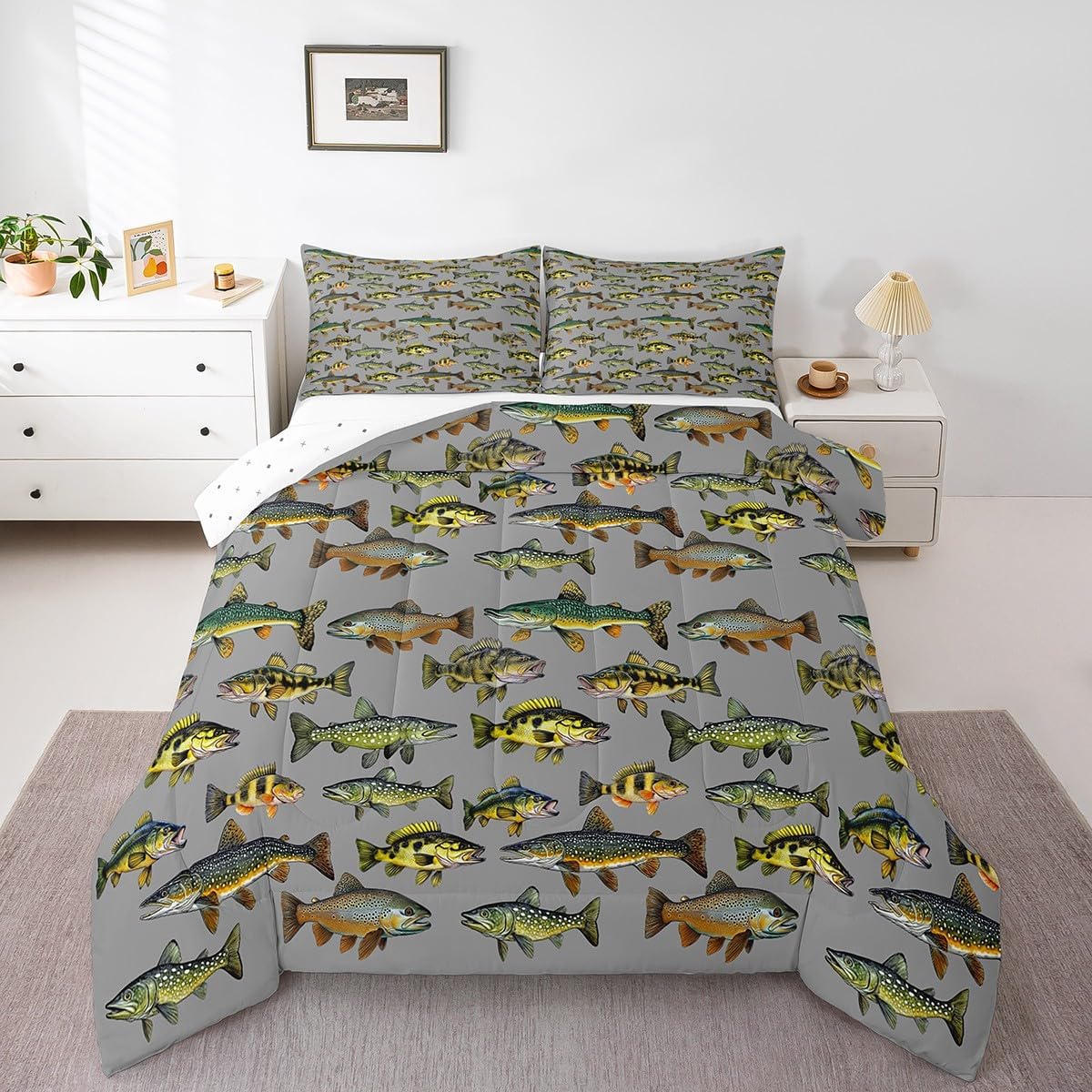 Erosebridal Kids Fishing Full Size Comforter Set, Retro Pike Fish Bed Set for Men Adults, Fishing and Hunting Soft Down Comforter for Bedroom, Vintage Rustic Fish Animals Cozy Lightweight Quilt Set