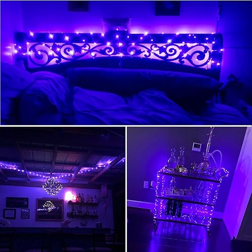 Miniatura 6 de RUICHEN Guirnalda de luces moradas regulables enchufables, 300 luces LED parpadeantes de 99 pies con control remoto, luces de alambre plateado