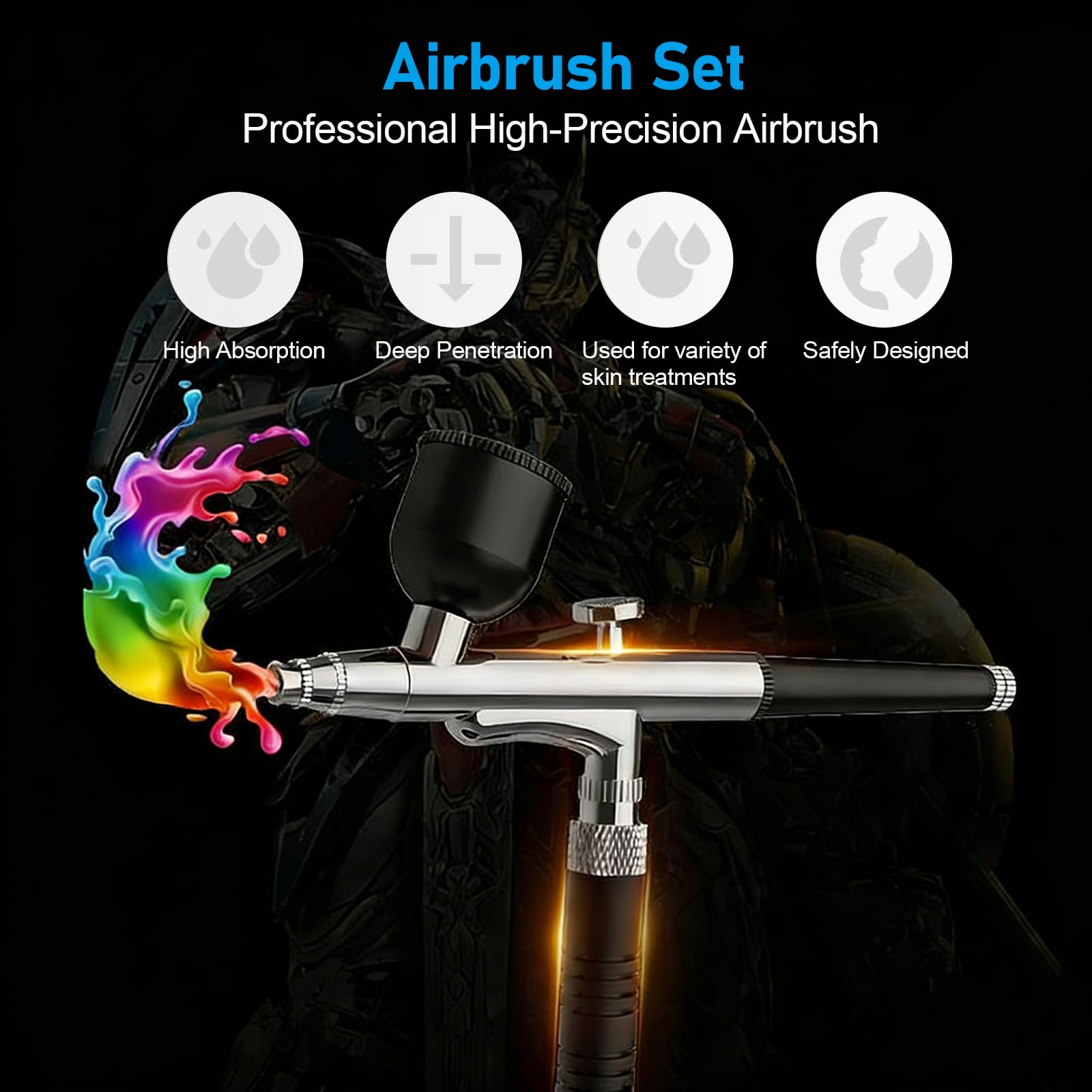 Airbrush Set mit Kompressor, Dual Action Airbrush Set mit 3 Druckstufen (25/38/48 PSI) & 0,2/0,3/0,5 mm Düse, Air Brush Pistole Set für Bastelarbeiten, Nageldesign, Tätowierungen, Make Up Kunst