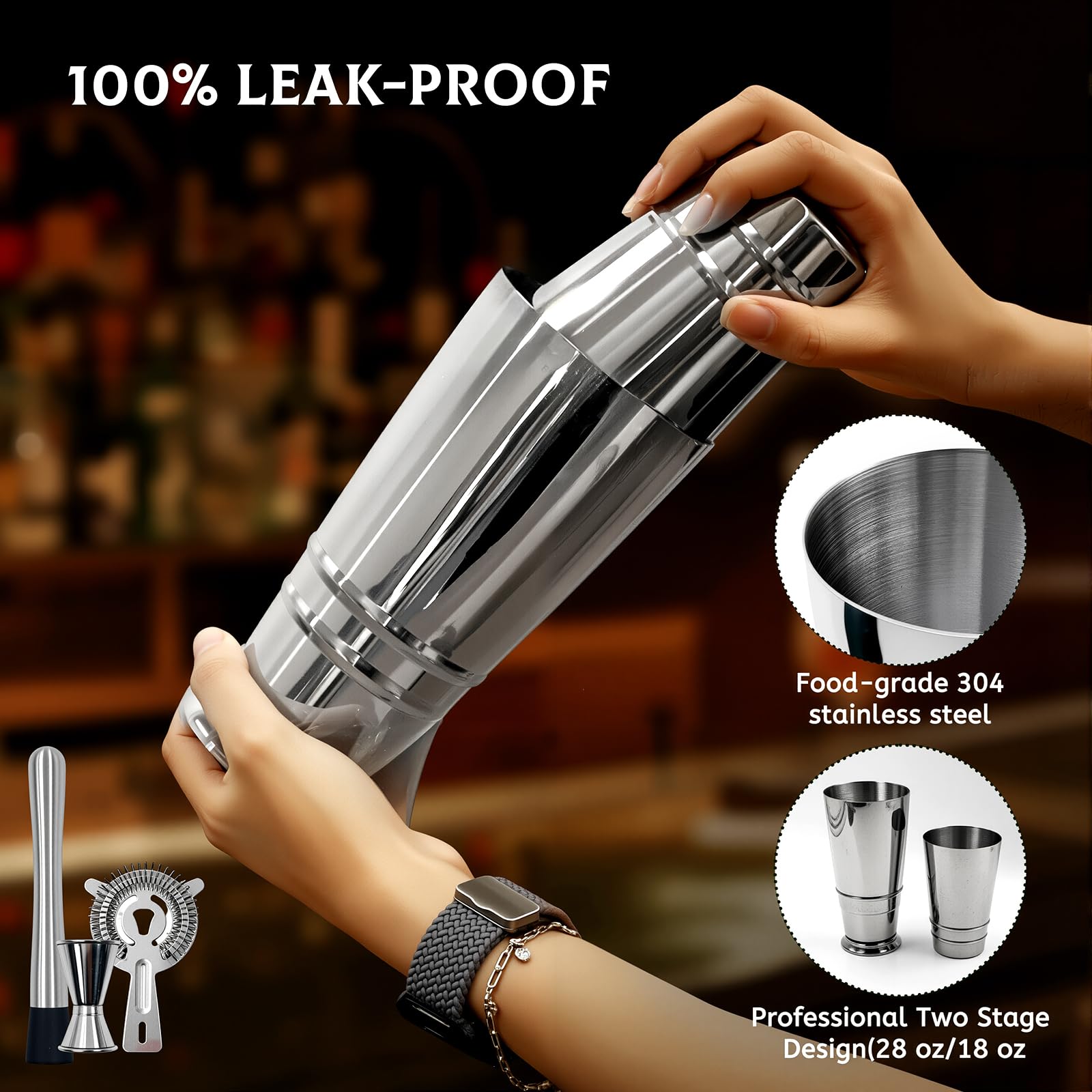 Daily Treasures Kit Professionale per Cocktail con Supporto Bambù - Shaker Boston 825ml, Accessori Bar Completi e Libro Ricette, Regalo per Appassionati di Mixology