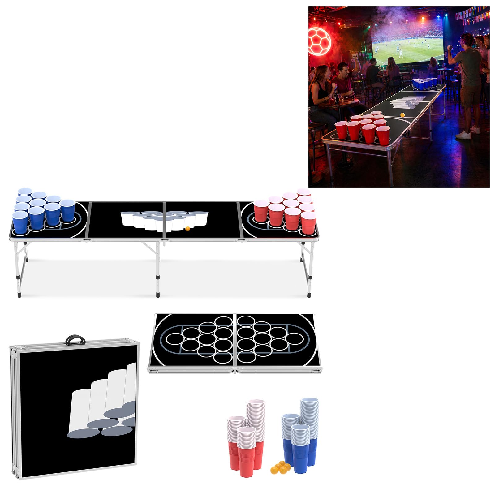 YUENFONG Beer Pong składany stół z płyty MDF, w zestawie 5 piłek, 100 kubków (50 czerwonych i 50 niebieskich), stół do ponga piwnego z regulacją wysokości, do gier z piciem, na imprezę, wesele, czarny