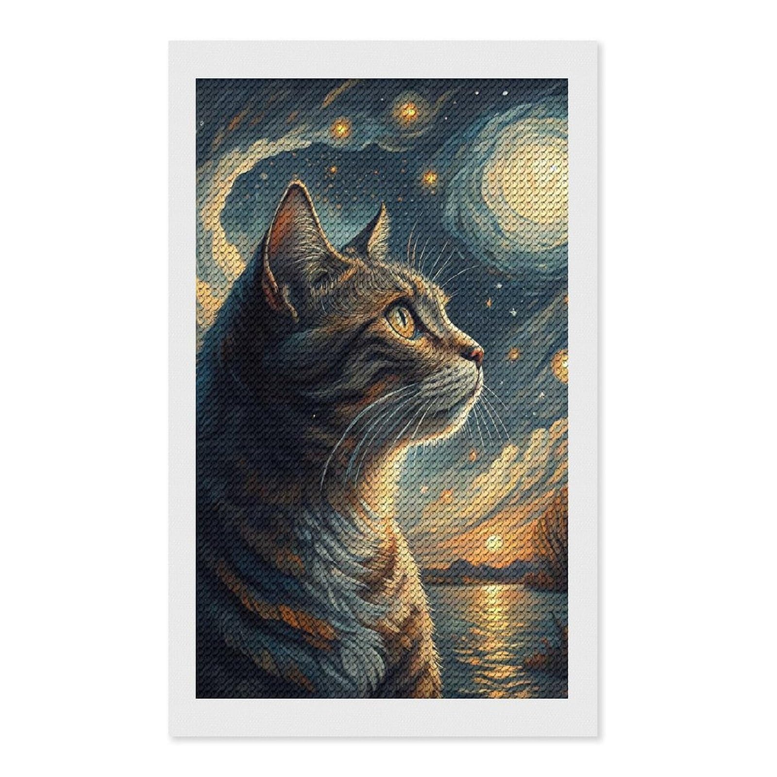Junmoney Cat Looking at Starry Sky DIY Diamond Art Canvas Kit 12"x20", Decorate Your Room, Sparkling Round Gems, Fun Craft Experience, Farmhouse Decor